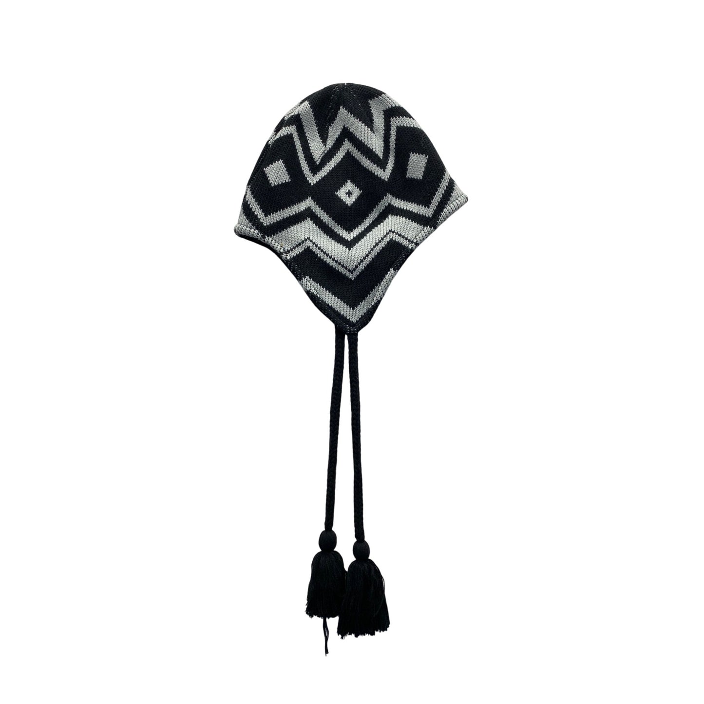 Youth Columbia Knit Earflap Beanie Hat Black & Gray Chevron Pattern #7063