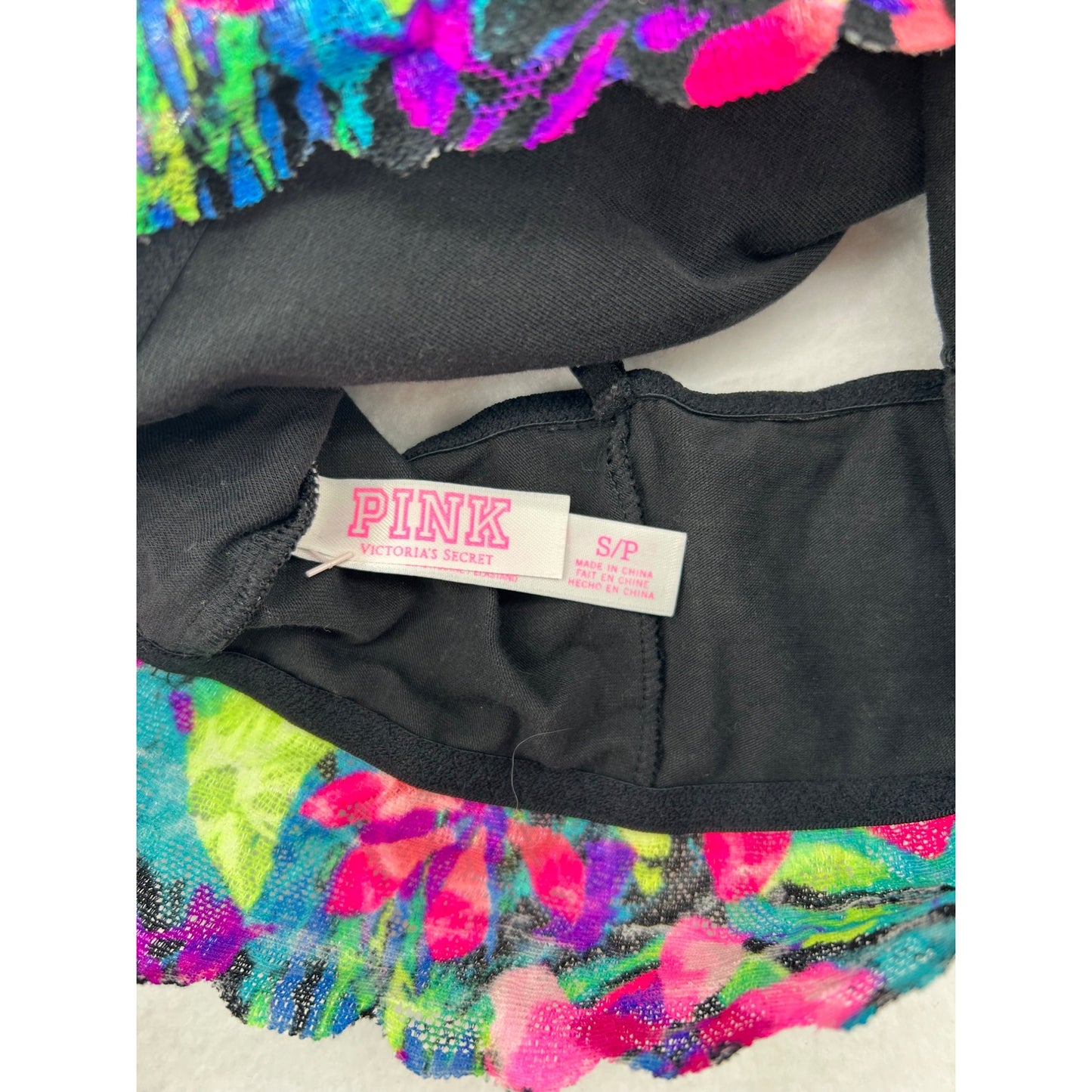Pink Victorias Secret Lace Trim Bralette Black Floral Adjustable Straps #6442