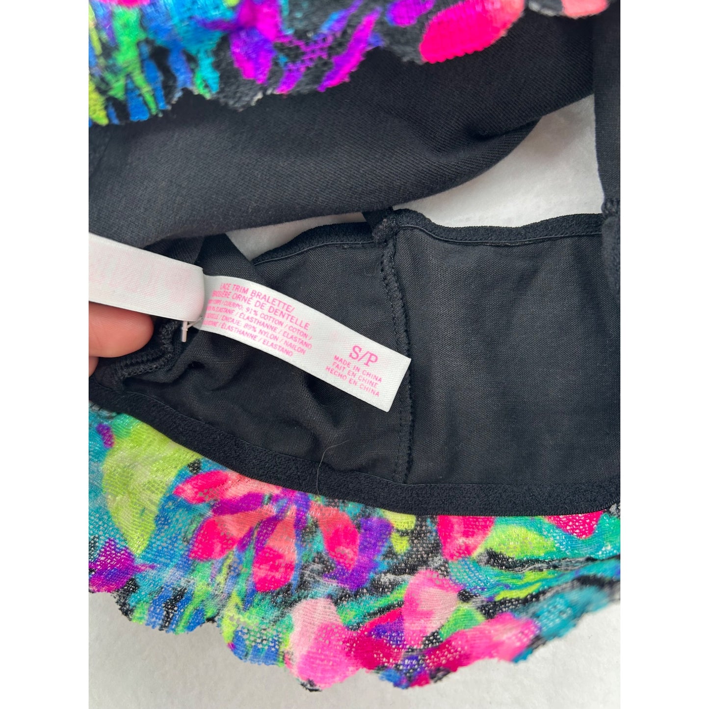 Pink Victorias Secret Lace Trim Bralette Black Floral Adjustable Straps #6442