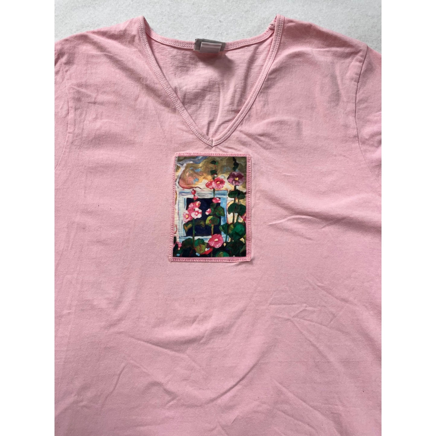 Peanut Punch Womens Pink Asymmetrical Hem Dress Featuring Floral Patch Graphic V-Neck Short Sleeves Size M #6918