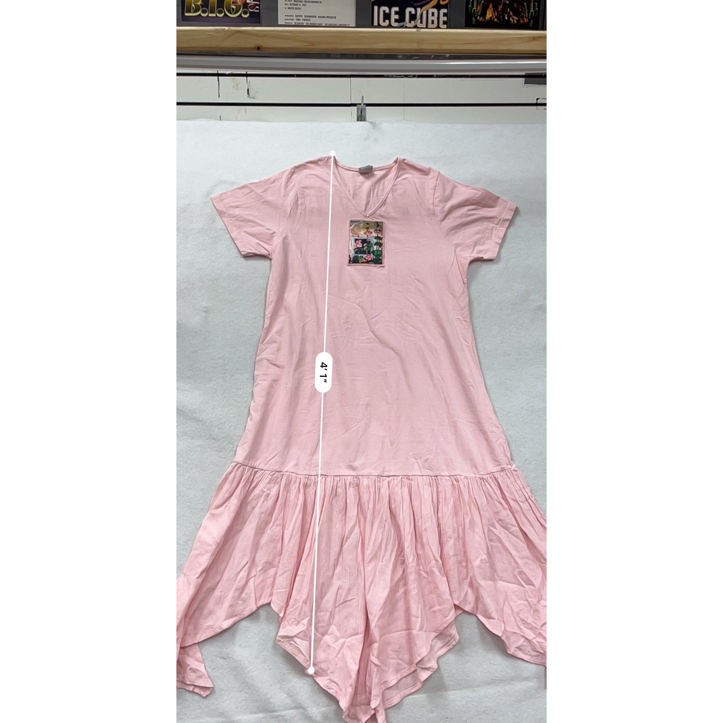 Peanut Punch Womens Pink Asymmetrical Hem Dress Featuring Floral Patch Graphic V-Neck Short Sleeves Size M #6918