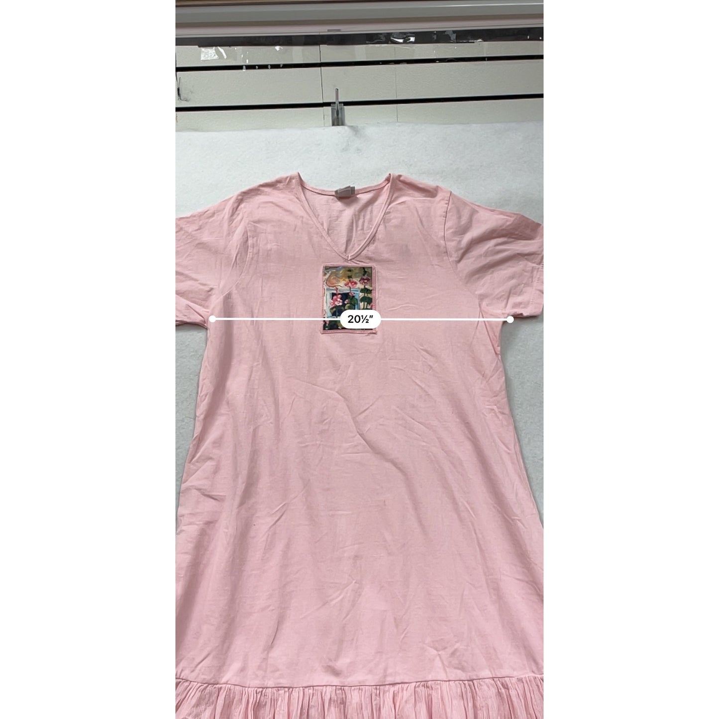 Peanut Punch Womens Pink Asymmetrical Hem Dress Featuring Floral Patch Graphic V-Neck Short Sleeves Size M #6918