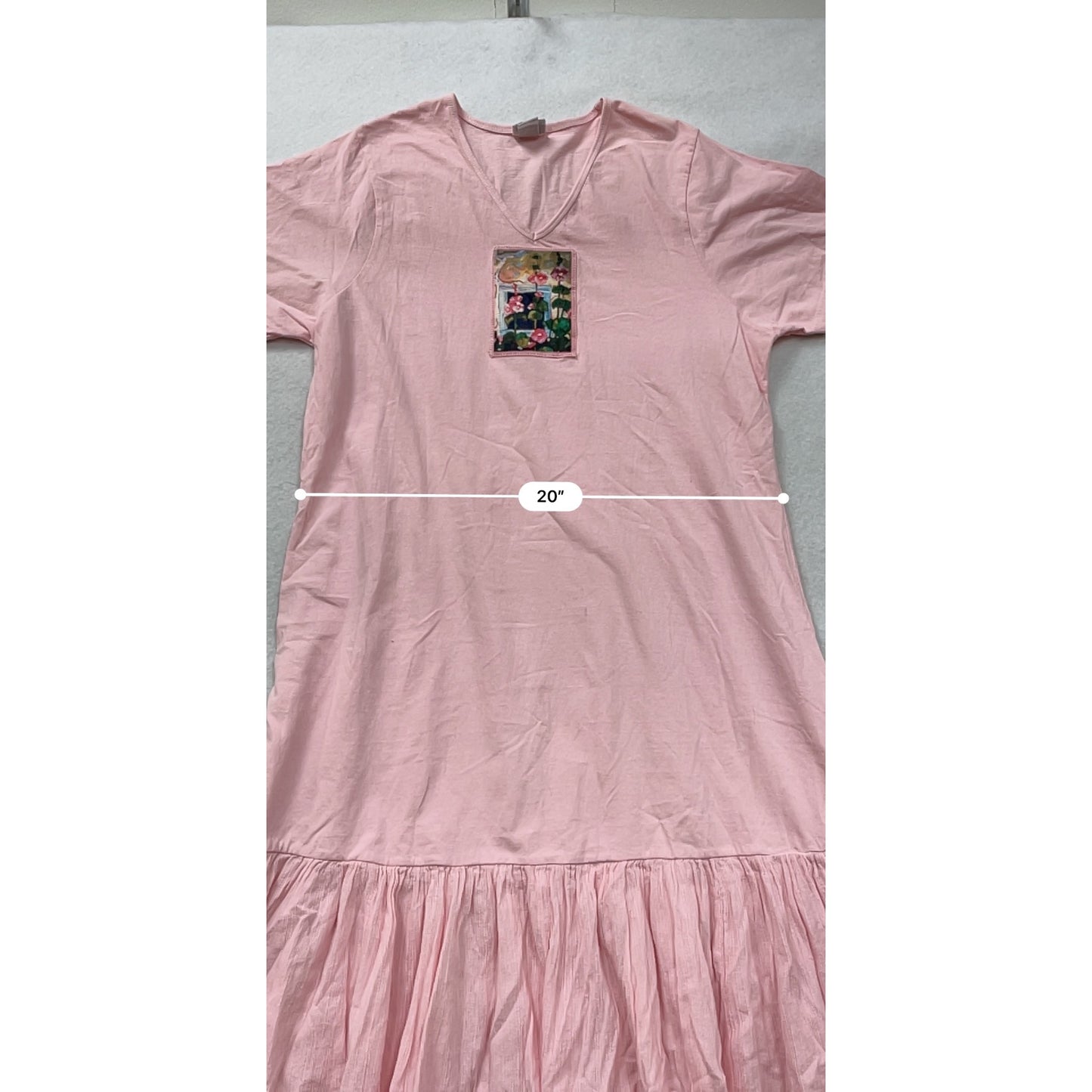 Peanut Punch Womens Pink Asymmetrical Hem Dress Featuring Floral Patch Graphic V-Neck Short Sleeves Size M #6918