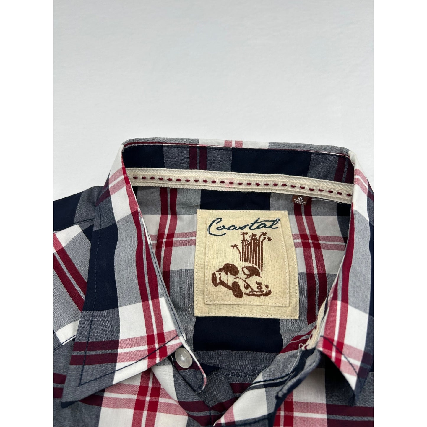 Mens Coastal Plaid Button-Down Shirt Red/Blue/White Long Sleeve #6656
