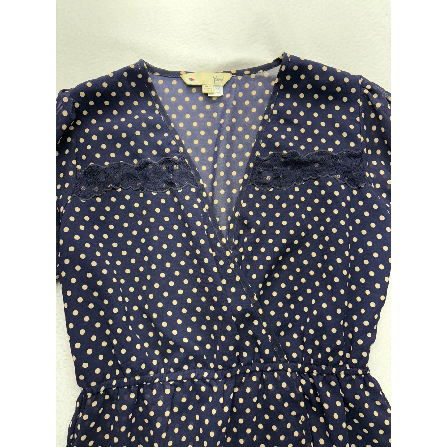 Yumi Polka Dot Wrap Dress Navy With Lace Detail #7545