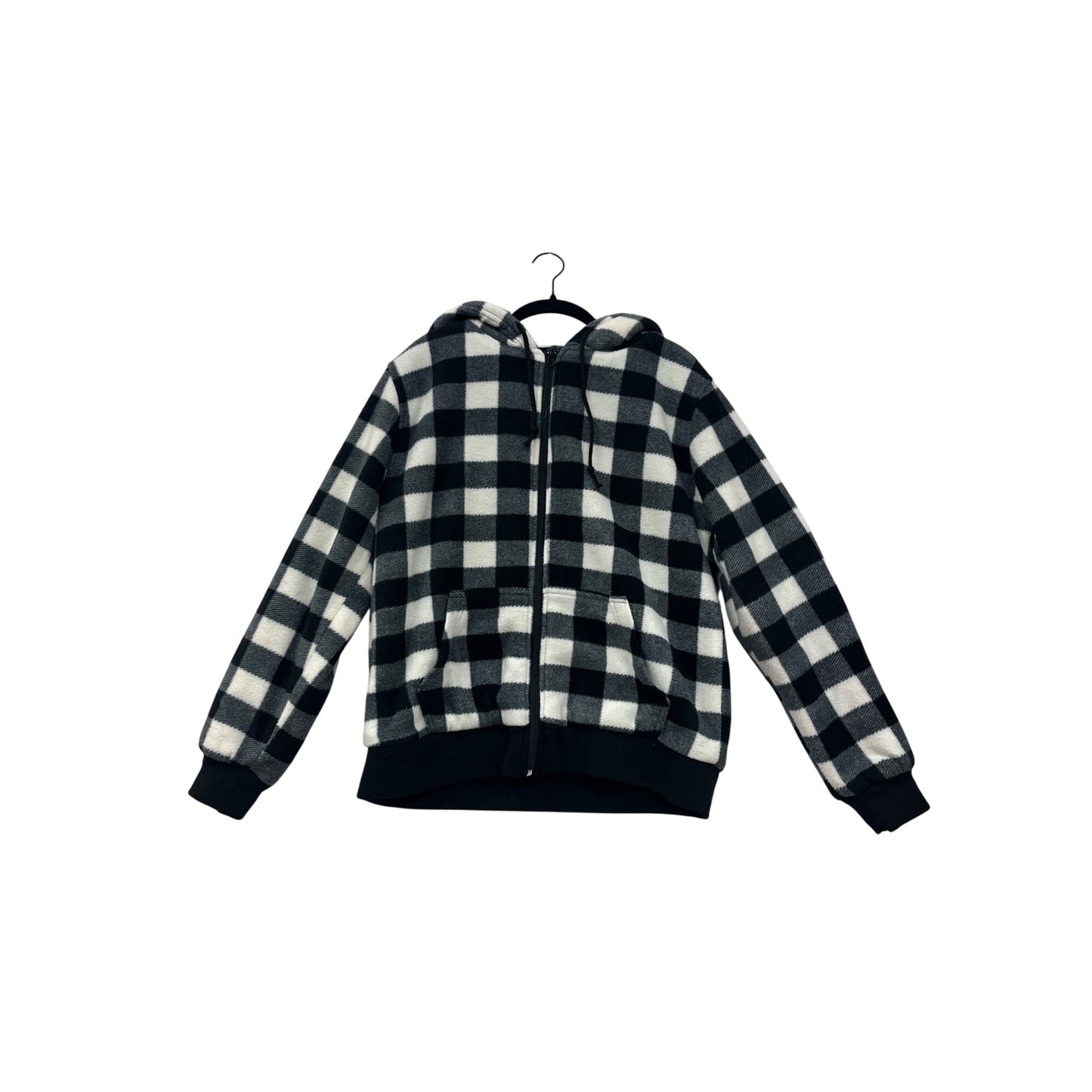 Womens Large Black & White Buffalo Plaid Zip-Up Hoodie Jacket With Drawstring Hood & Pockets #6879