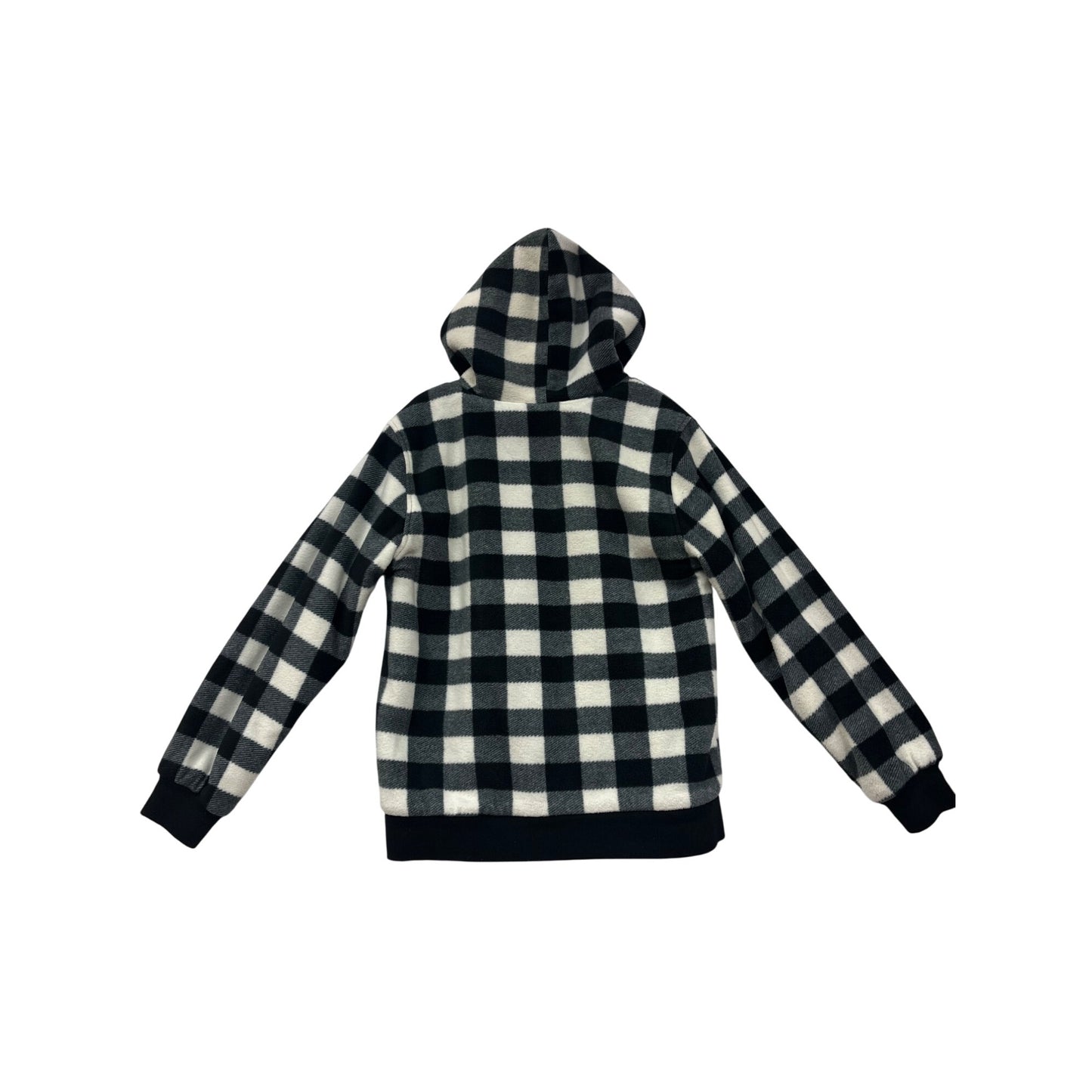Womens Large Black & White Buffalo Plaid Zip-Up Hoodie Jacket With Drawstring Hood & Pockets #6879