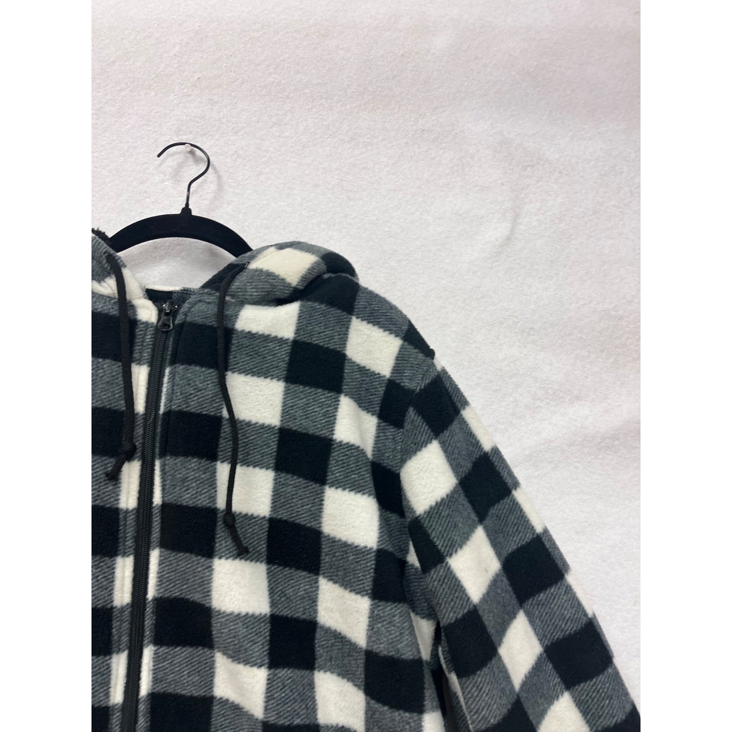 Womens Large Black & White Buffalo Plaid Zip-Up Hoodie Jacket With Drawstring Hood & Pockets #6879