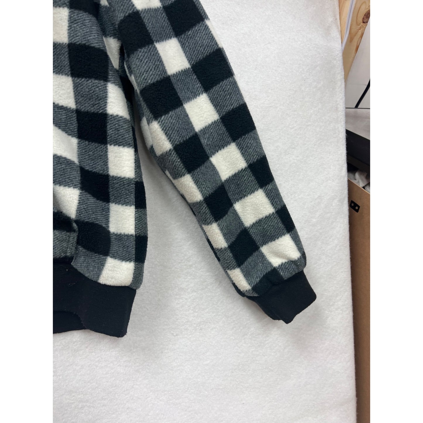 Womens Large Black & White Buffalo Plaid Zip-Up Hoodie Jacket With Drawstring Hood & Pockets #6879