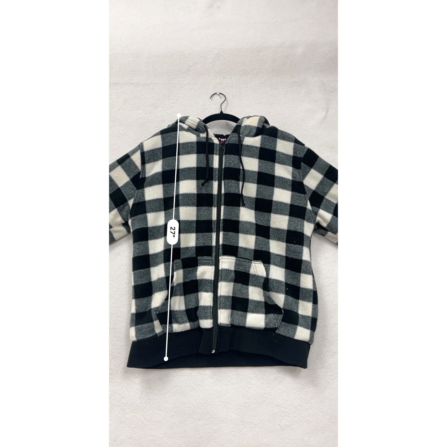 Womens Large Black & White Buffalo Plaid Zip-Up Hoodie Jacket With Drawstring Hood & Pockets #6879