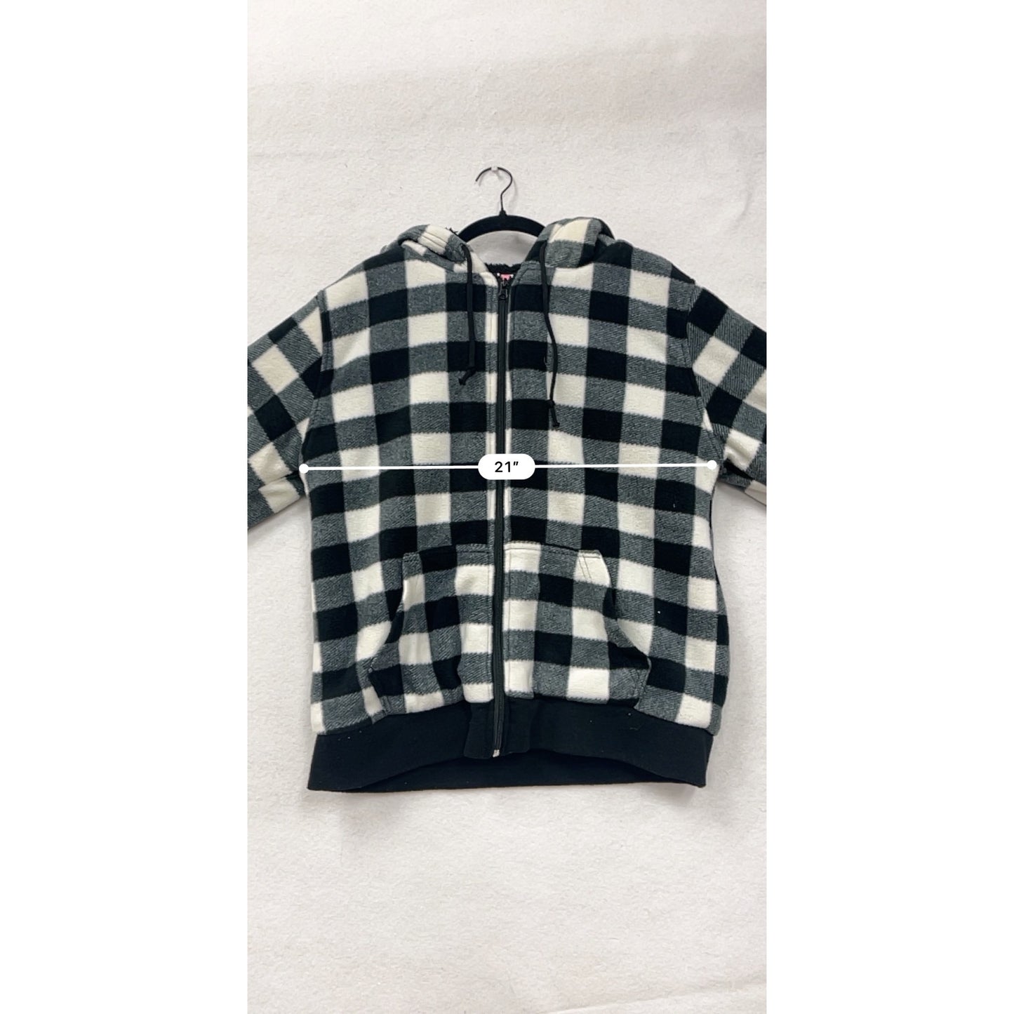 Womens Large Black & White Buffalo Plaid Zip-Up Hoodie Jacket With Drawstring Hood & Pockets #6879
