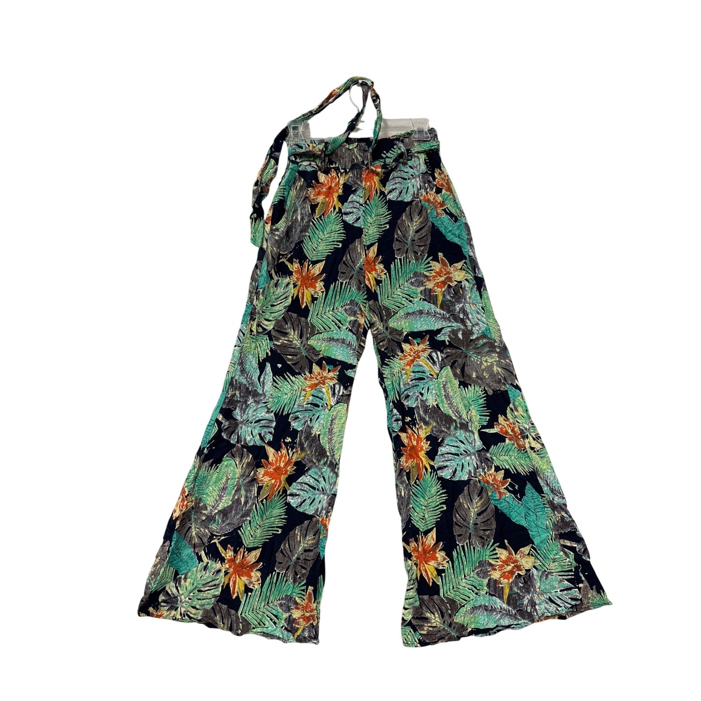 Tropical Floral Wide-Leg Rayon Pants With Tie Waist & Pockets #6971