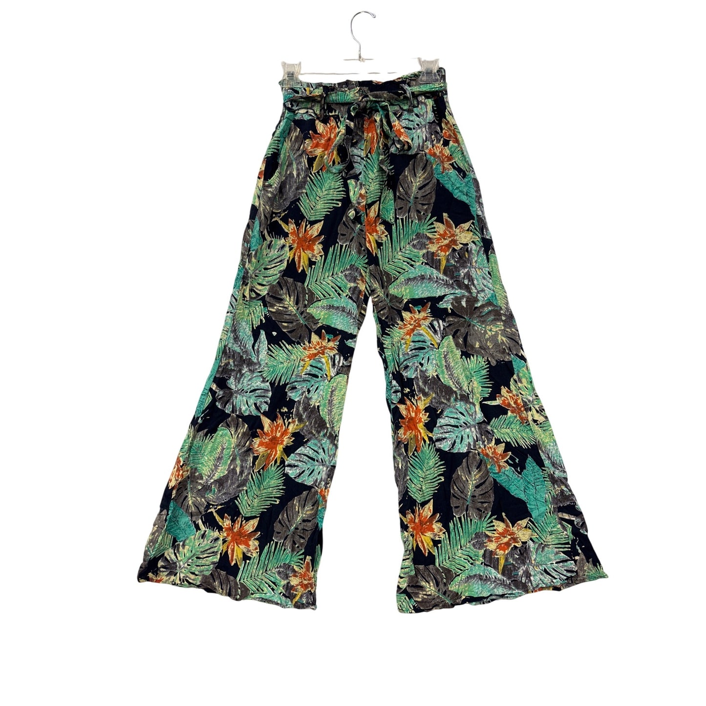 Tropical Floral Wide-Leg Rayon Pants With Tie Waist & Pockets #6971