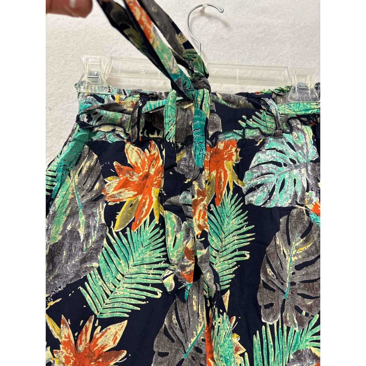 Tropical Floral Wide-Leg Rayon Pants With Tie Waist & Pockets #6971