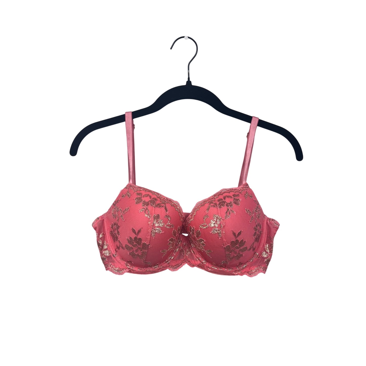 Victorias Secret 32DD Pink Floral Lace Underwire Bra With Metallic Accents Adjustable Straps Hook Closure #6831