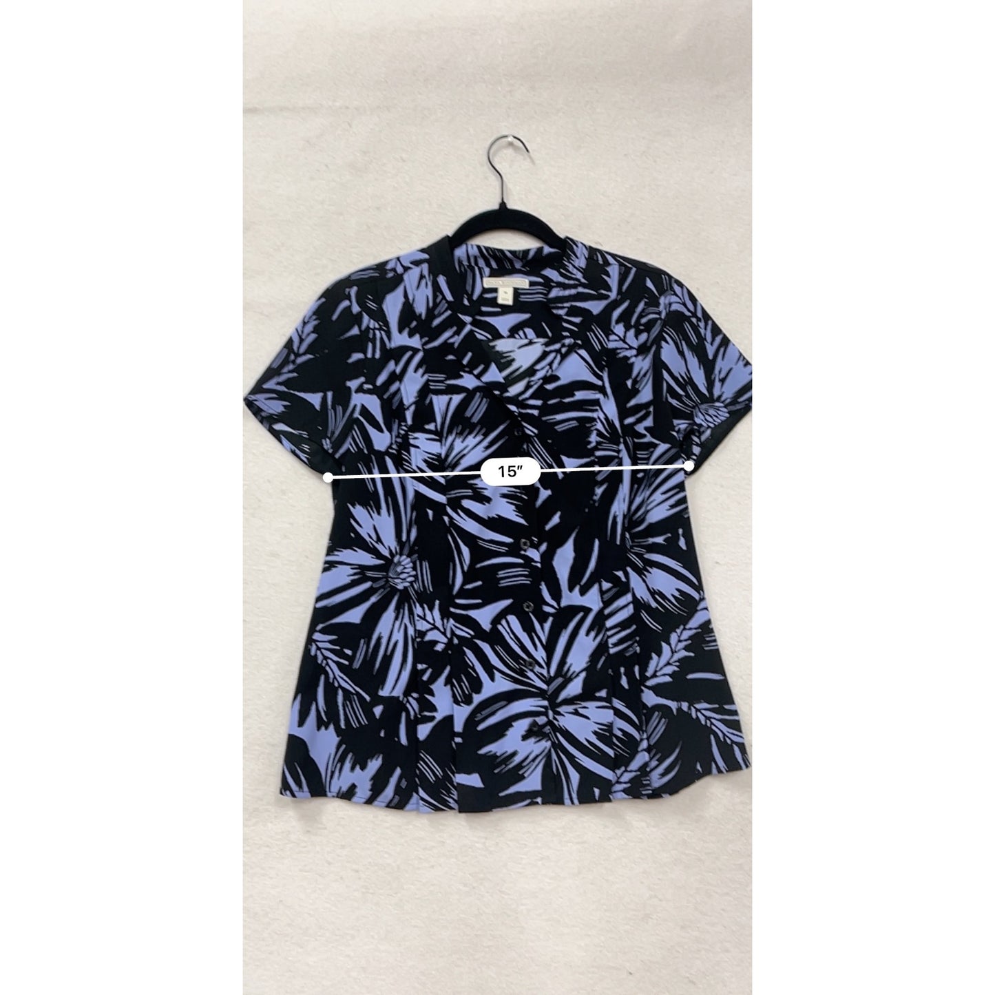 Dana Buchman Floral Print Blouse M Black & Purple Short Sleeve #191A