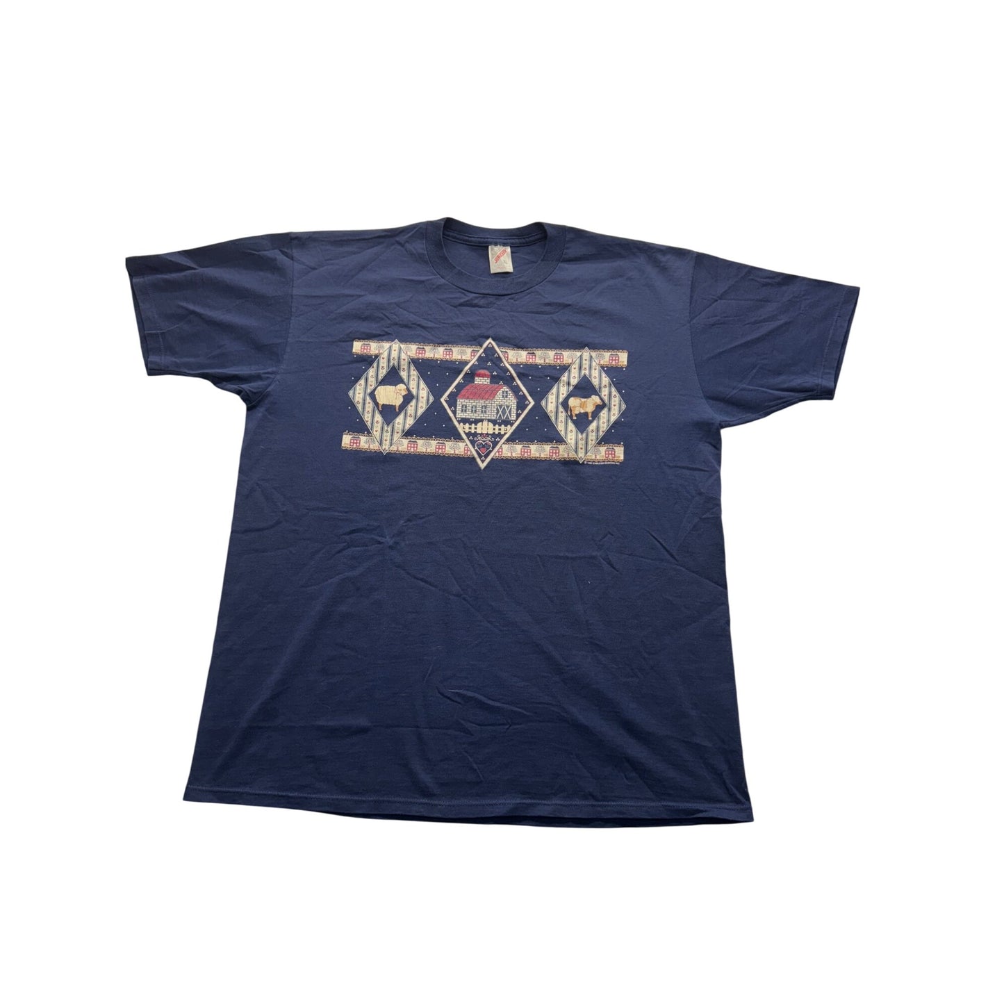 Vintage Jerzees Blue T-Shirt XL Barn & Sheep Graphic USA Made #7973