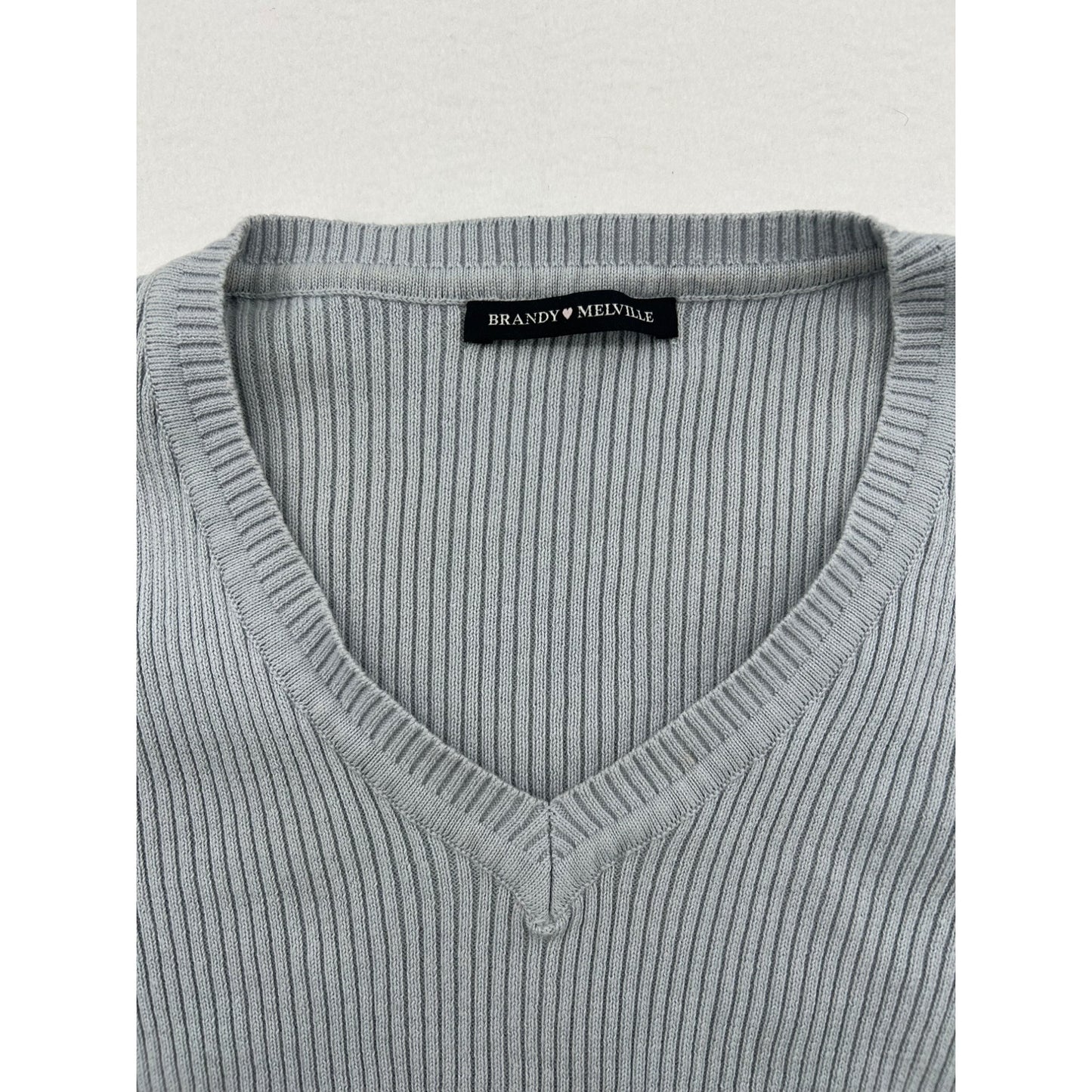 Brandy Melville Light Gray Ribbed V-Neck Cropped Knit Sweater Top #6439