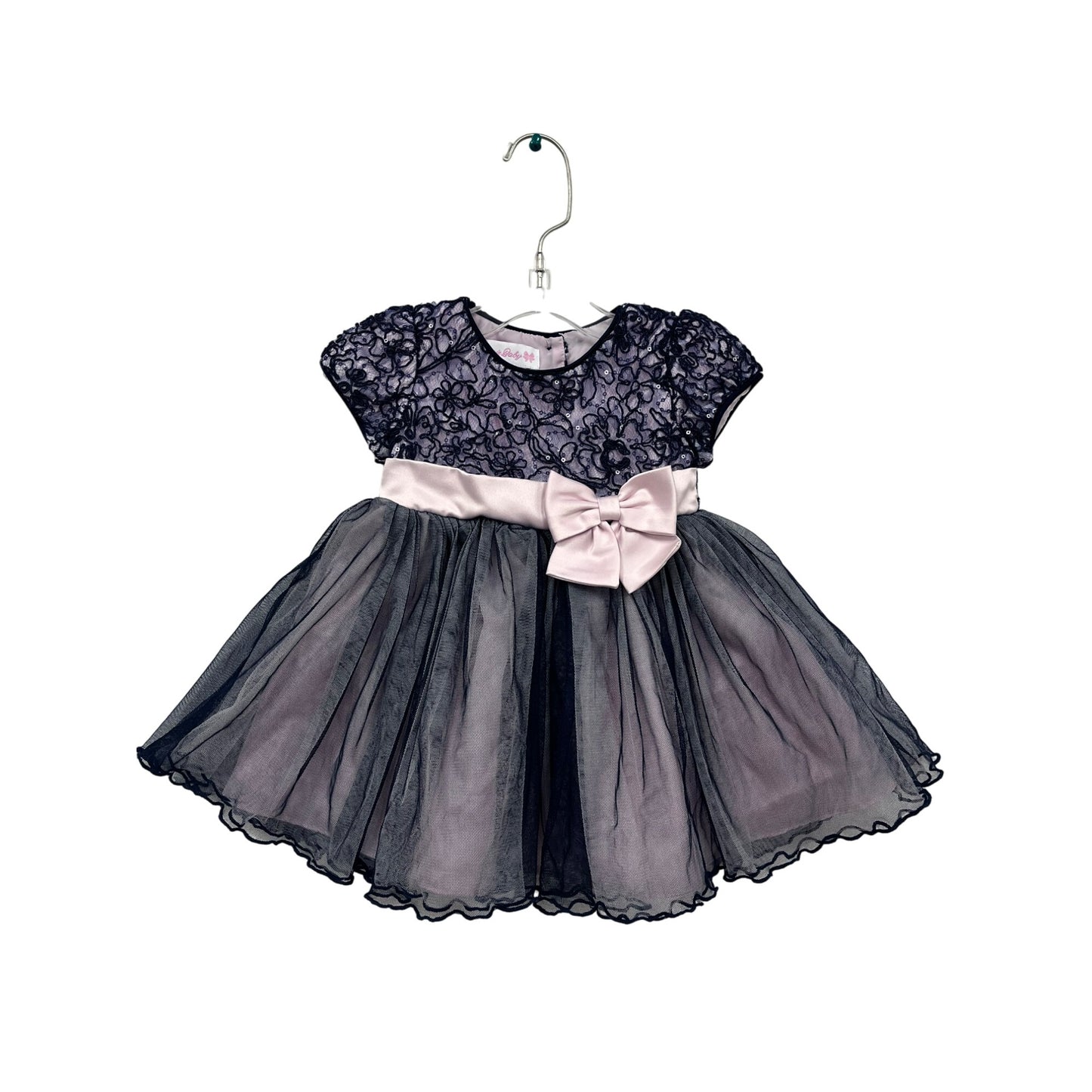 Bonnie Baby 12M Navy & Pink Lace Tulle Dress With Bow #6250