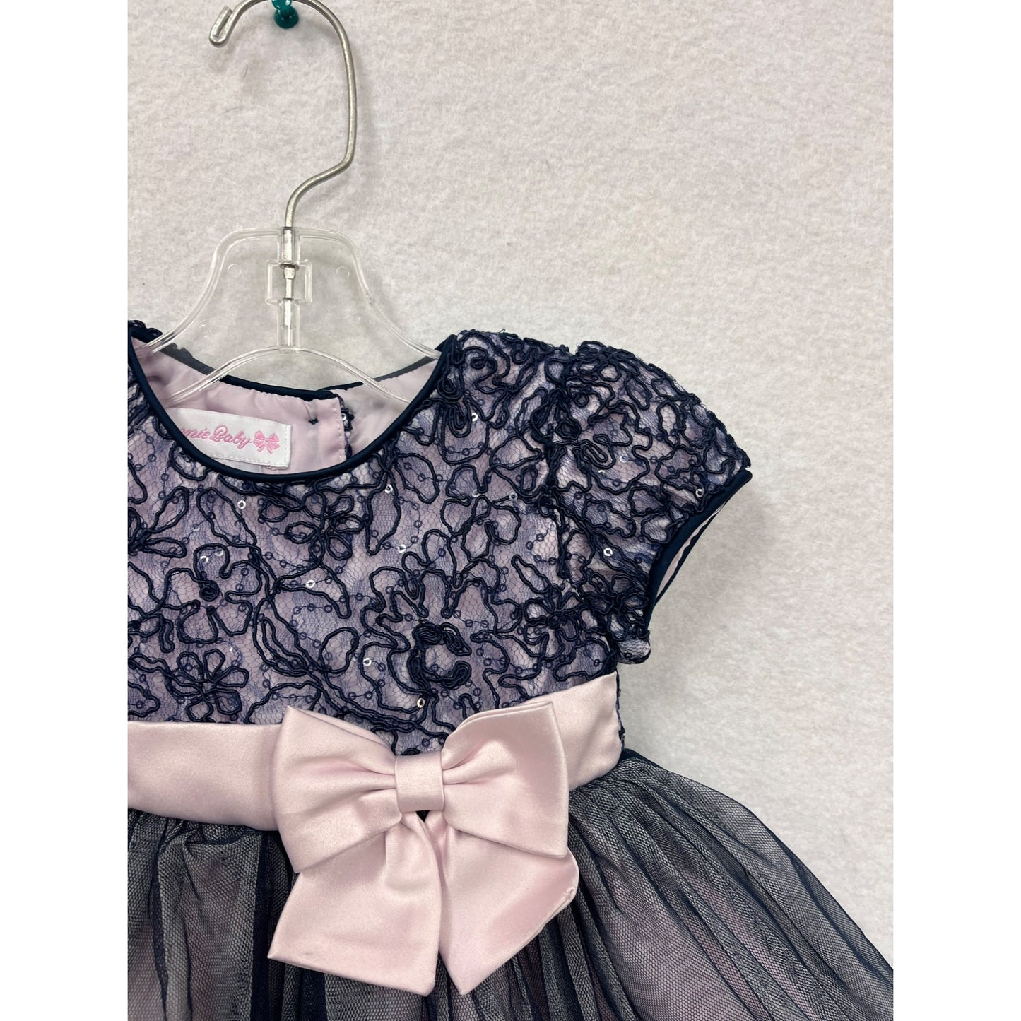 Bonnie Baby 12M Navy & Pink Lace Tulle Dress With Bow #6250
