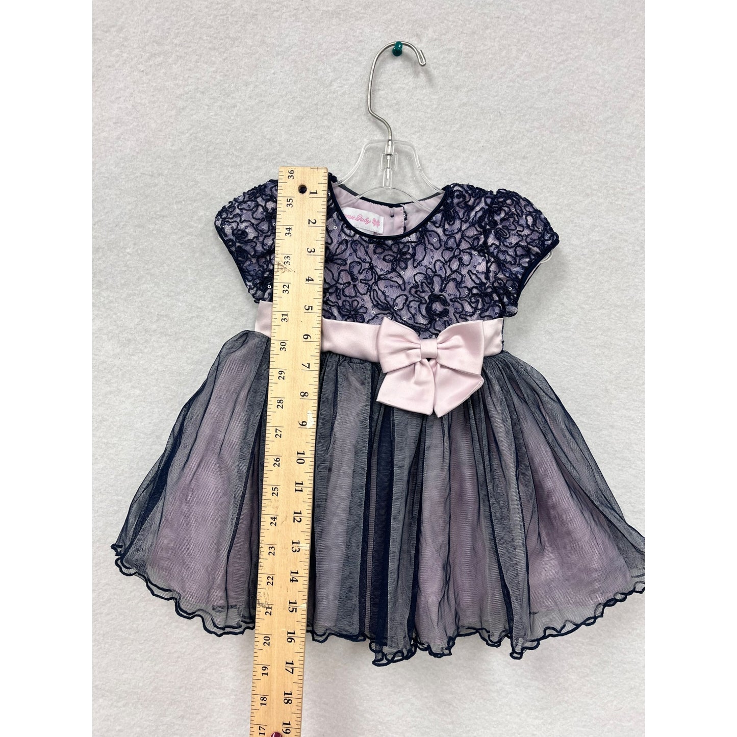 Bonnie Baby 12M Navy & Pink Lace Tulle Dress With Bow #6250