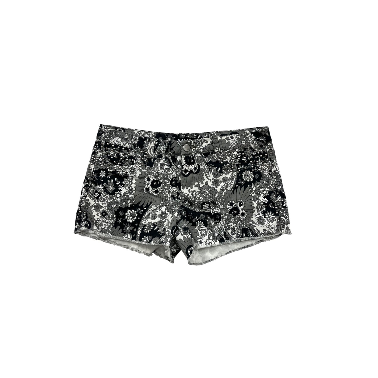 Womens Large Black & White Floral Print Studded Denim Shorts #8040