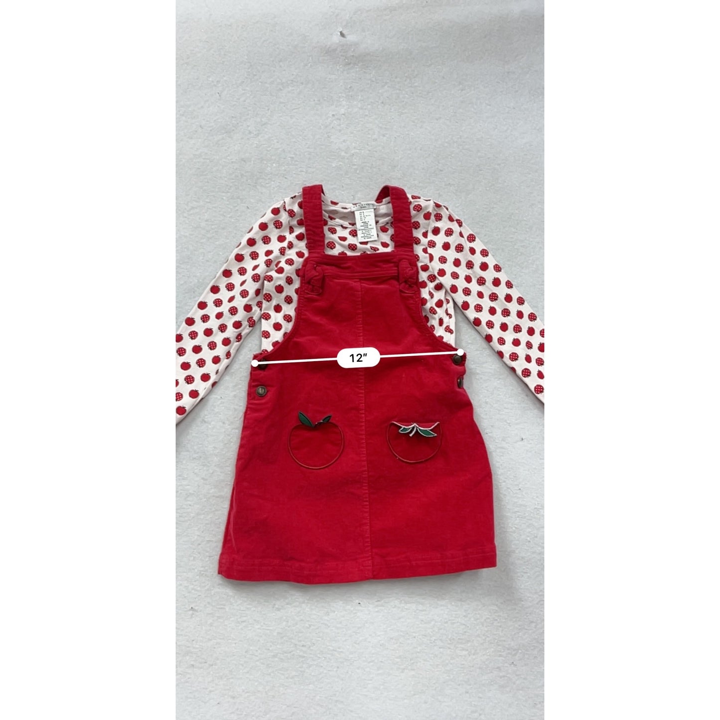 Max Studio Red Corduroy Pinafore Dress Set W/ Long-Sleeve Apple Print Top #8292