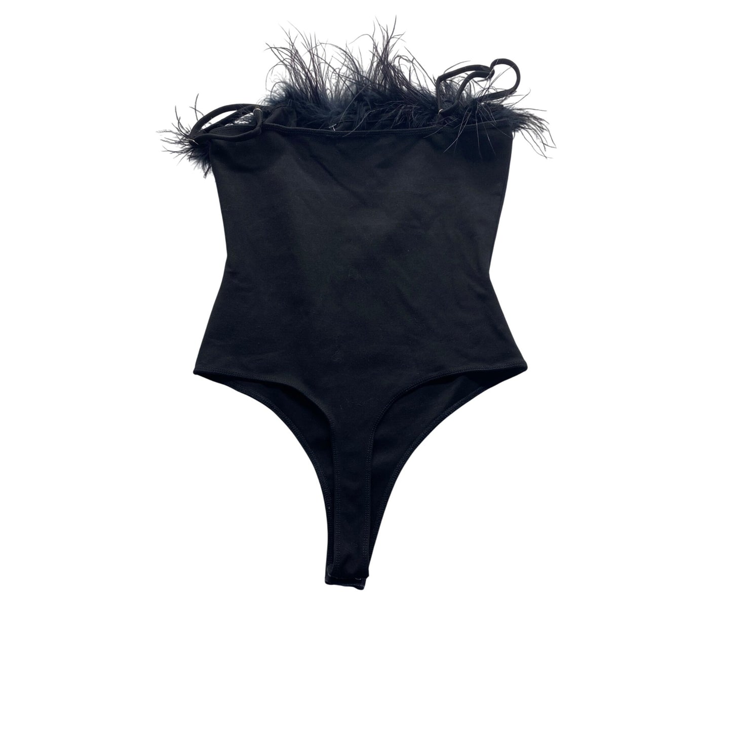 Black feather trimmed bodysuit tank top #5472