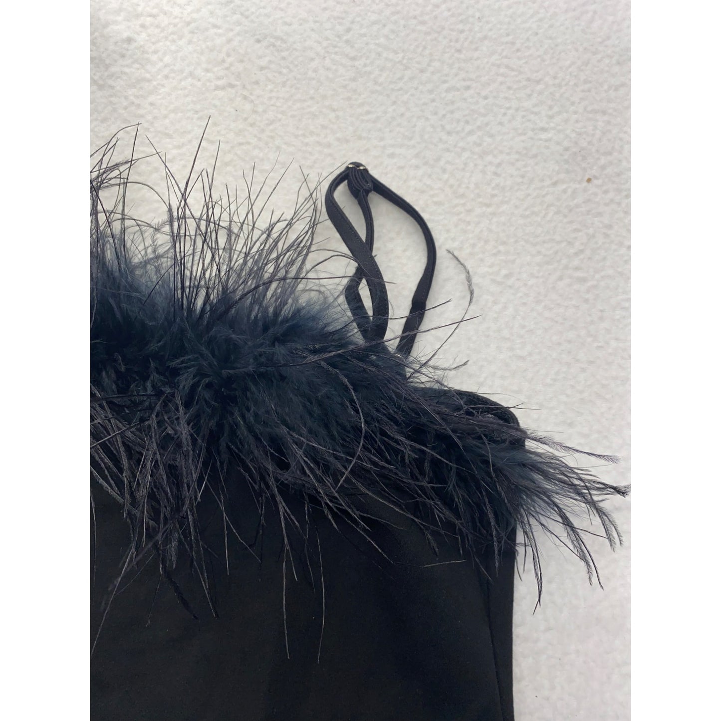 Black feather trimmed bodysuit tank top #5472