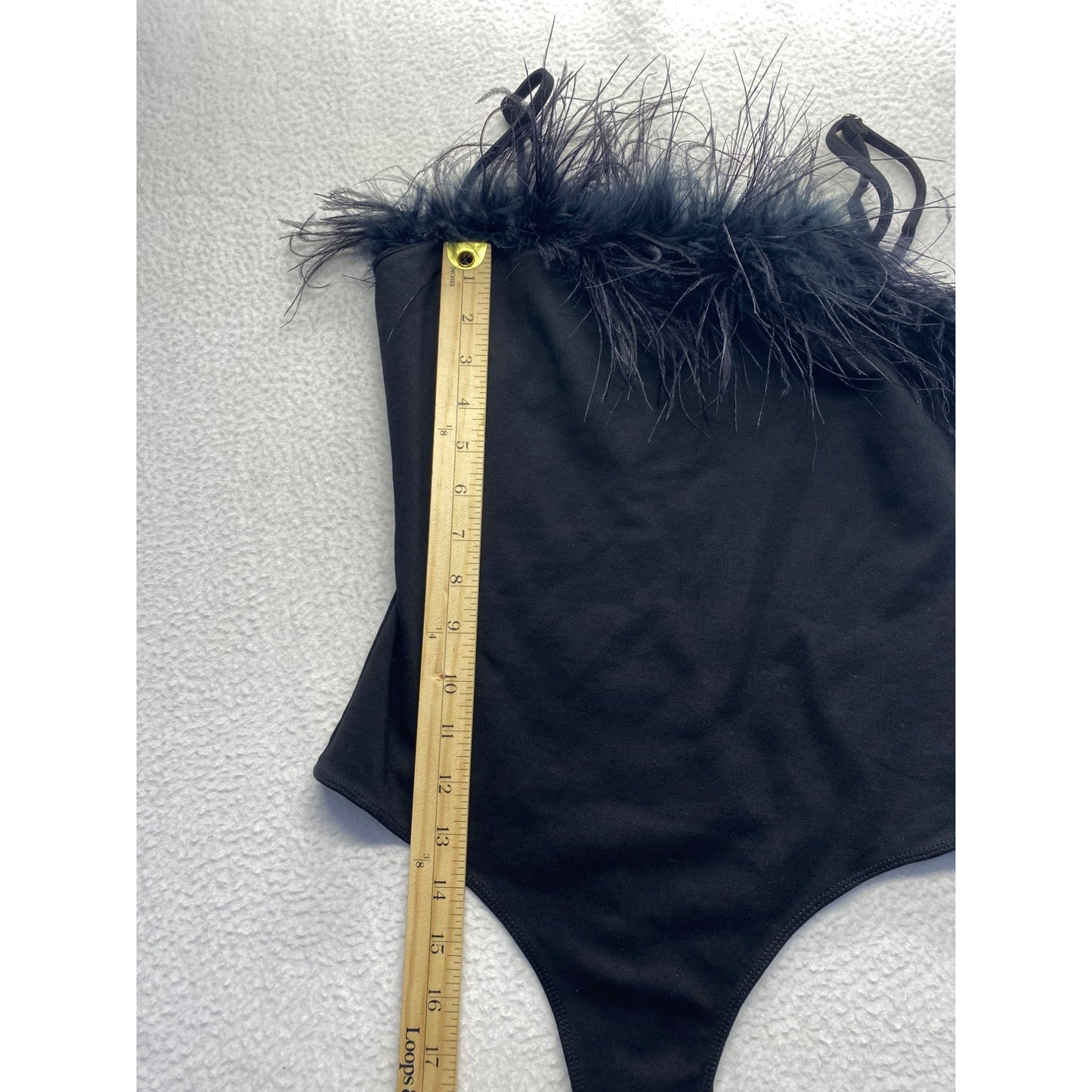 Black feather trimmed bodysuit tank top #5472