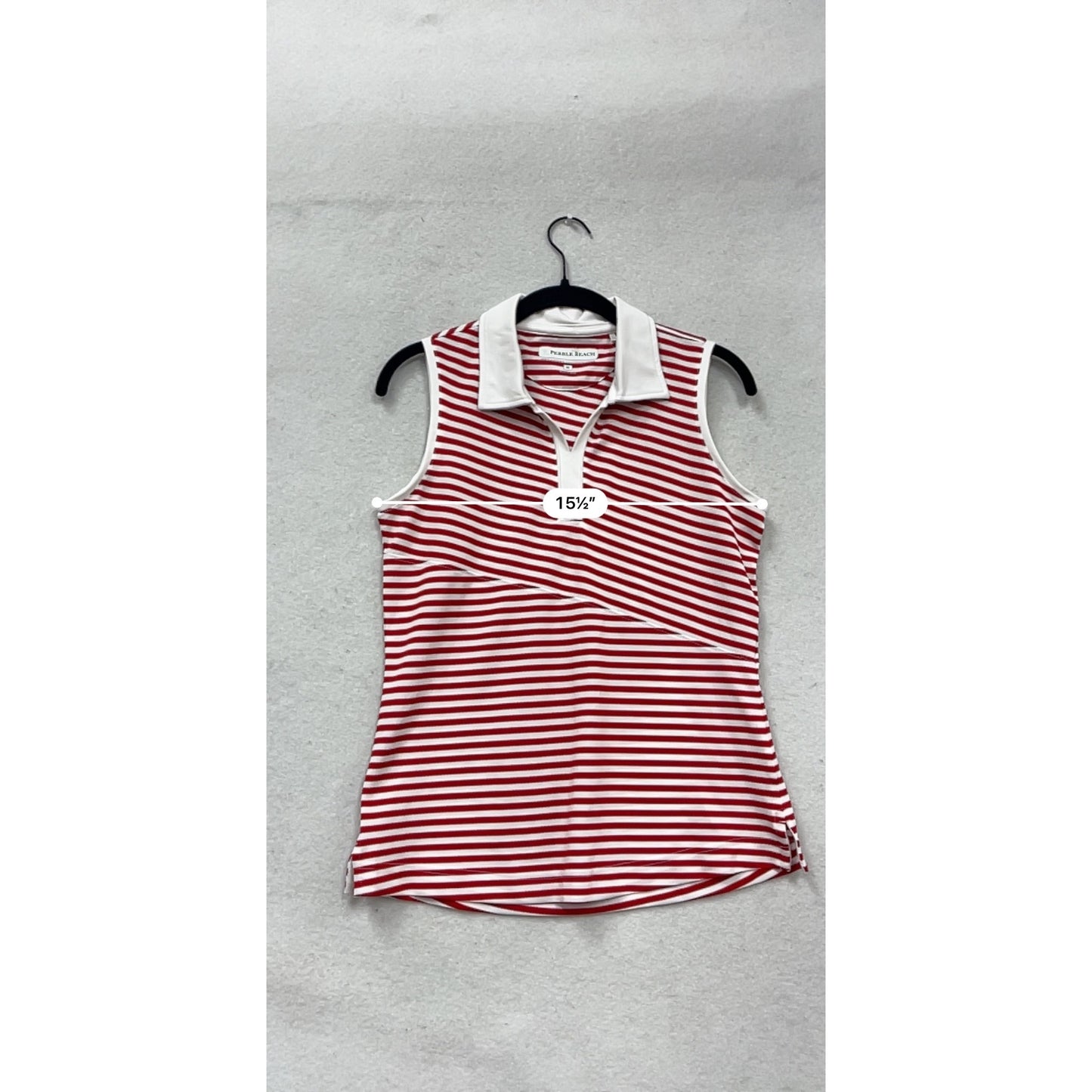 Pebble Beach Red & White Striped Sleeveless Polo Shirt M #337A