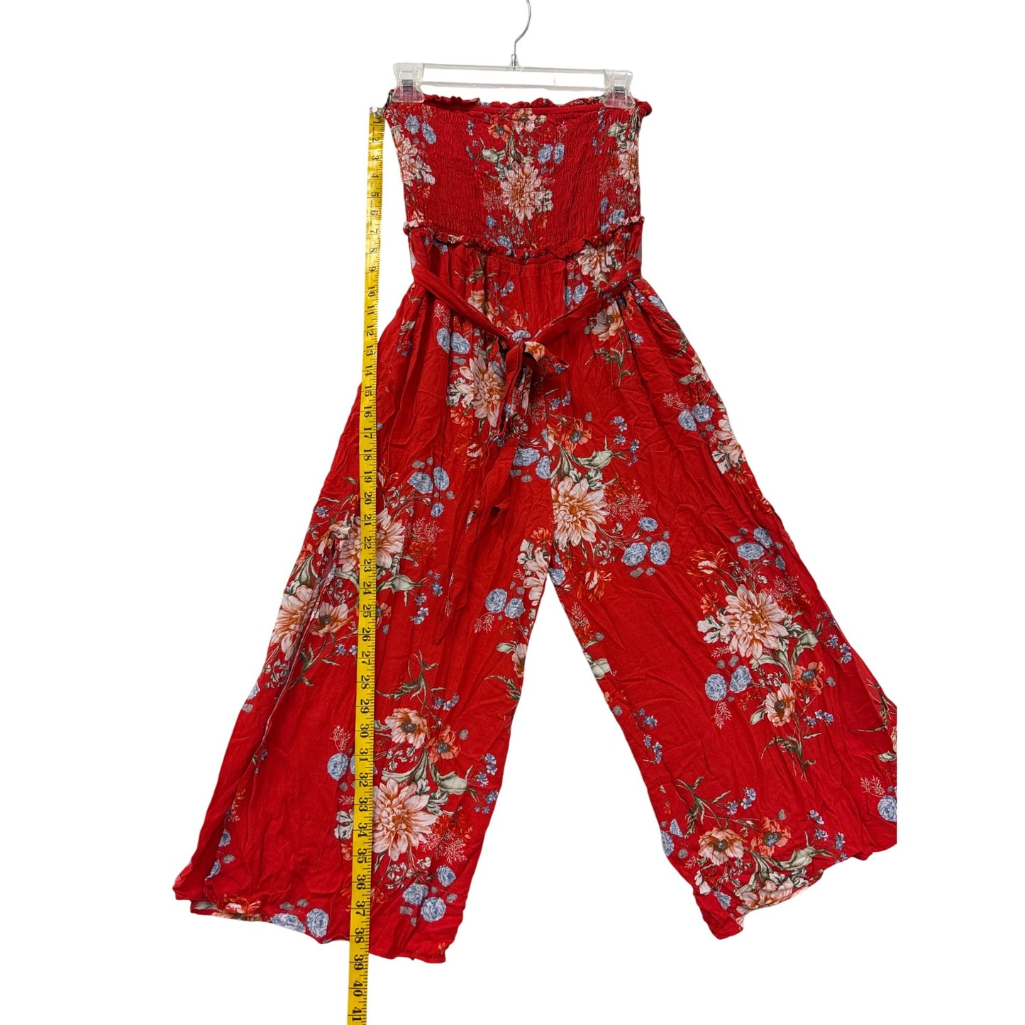 American Eagle Red Floral Strapless Smocked Jumpsuit With Belt & Wide-Leg Design #6979