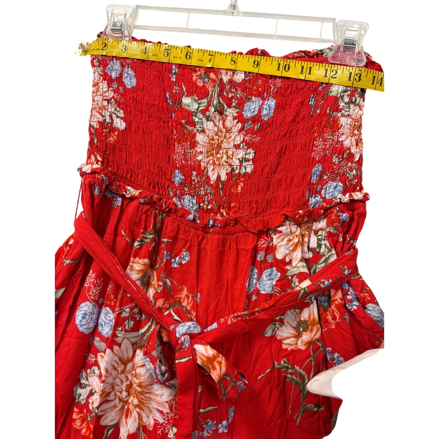 American Eagle Red Floral Strapless Smocked Jumpsuit With Belt & Wide-Leg Design #6979