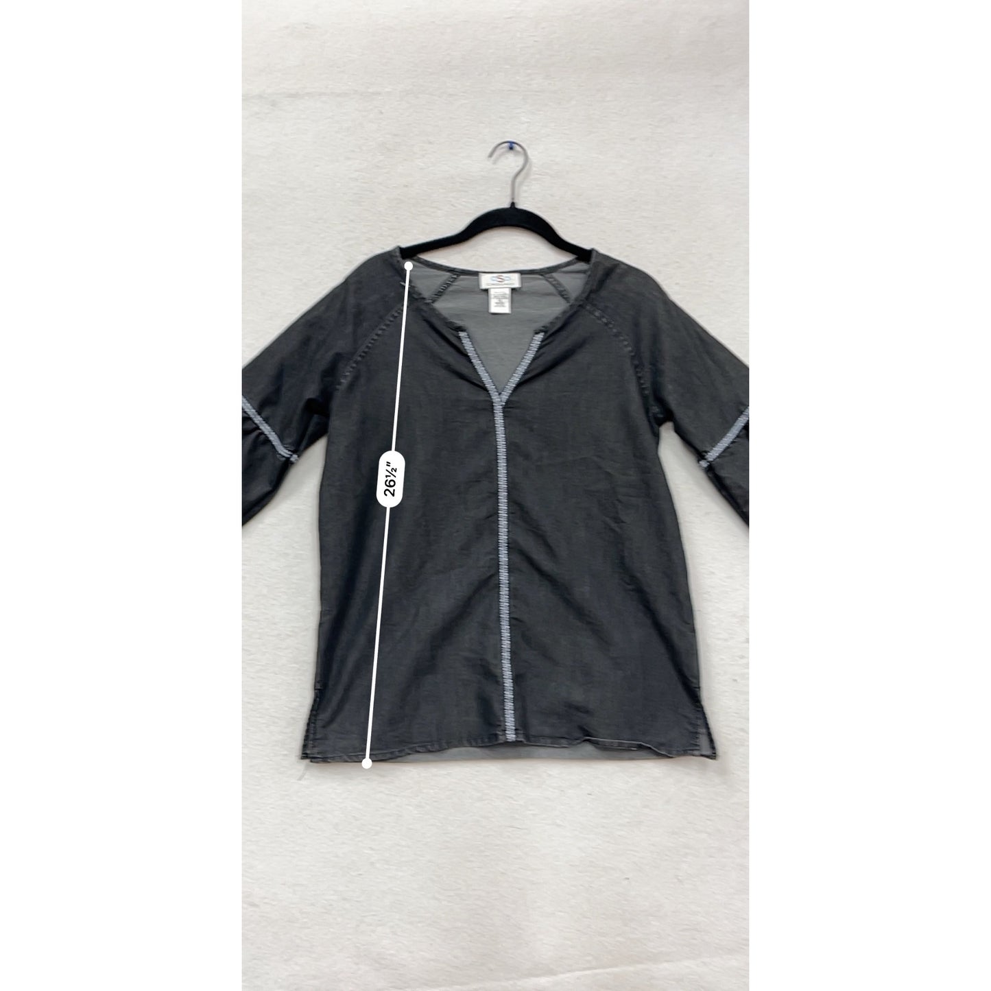 Oso Casuals Womens Black Tunic Top With Denim Stitching Detail XS #792A