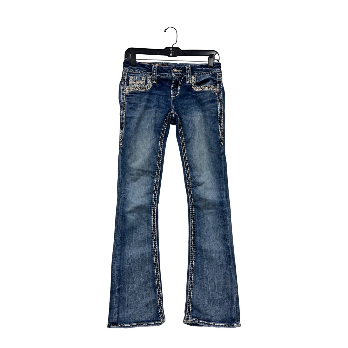 Rock Revival Womens Blue Bootcut Jeans Size 2 With Embellished Pockets & Contrast Stitching #6608