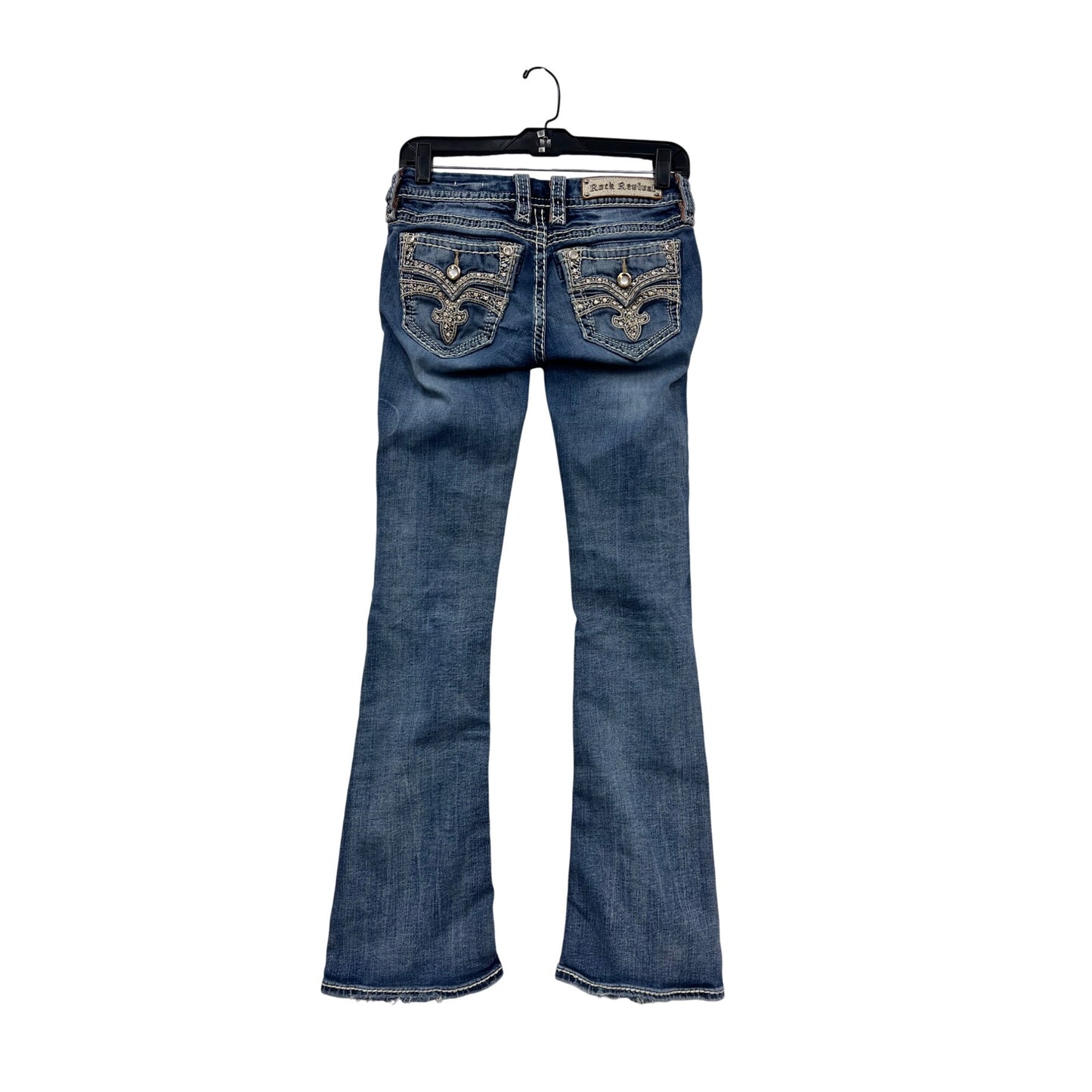 Rock Revival Womens Blue Bootcut Jeans Size 2 With Embellished Pockets & Contrast Stitching #6608