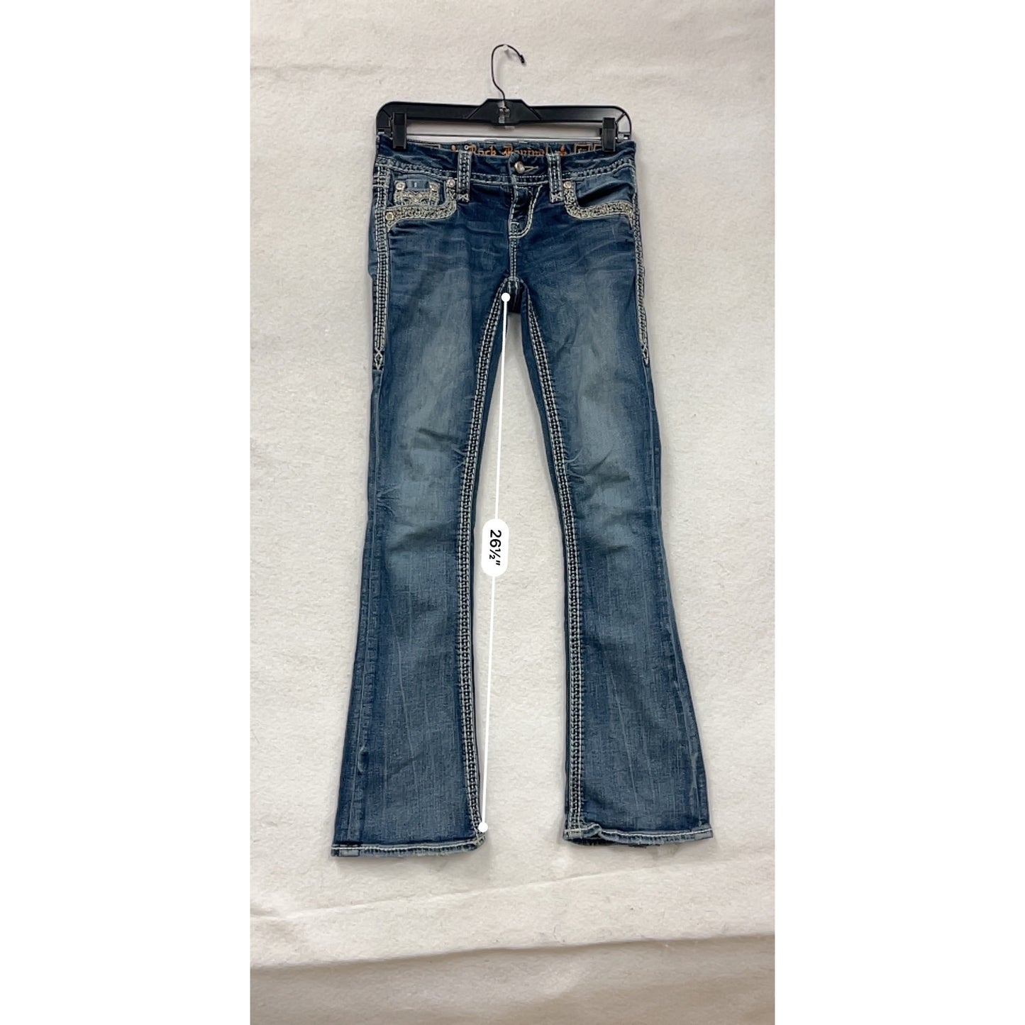Rock Revival Womens Blue Bootcut Jeans Size 2 With Embellished Pockets & Contrast Stitching #6608