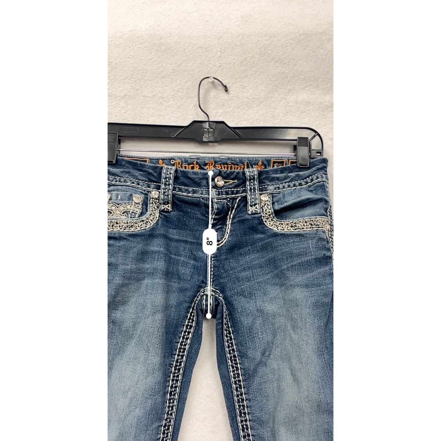 Rock Revival Womens Blue Bootcut Jeans Size 2 With Embellished Pockets & Contrast Stitching #6608