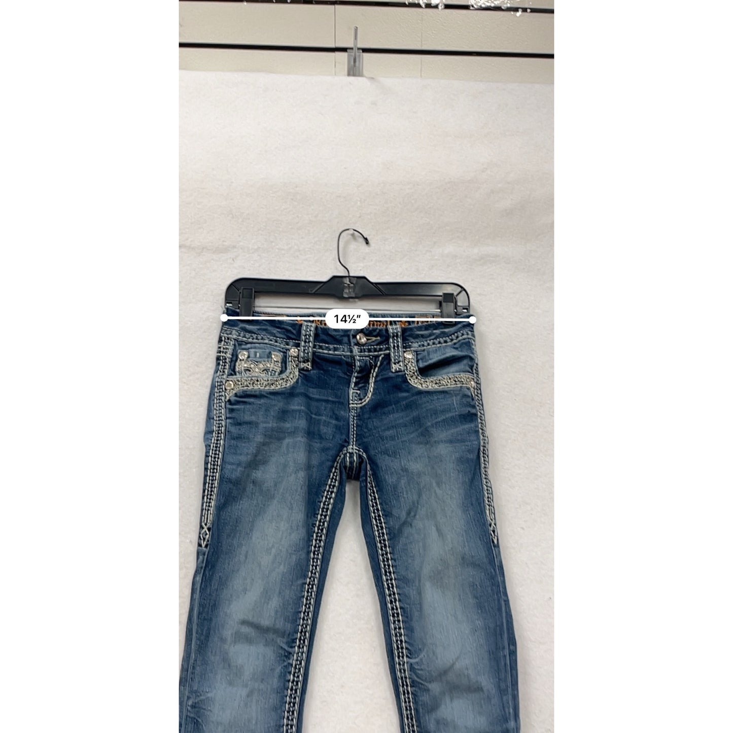Rock Revival Womens Blue Bootcut Jeans Size 2 With Embellished Pockets & Contrast Stitching #6608