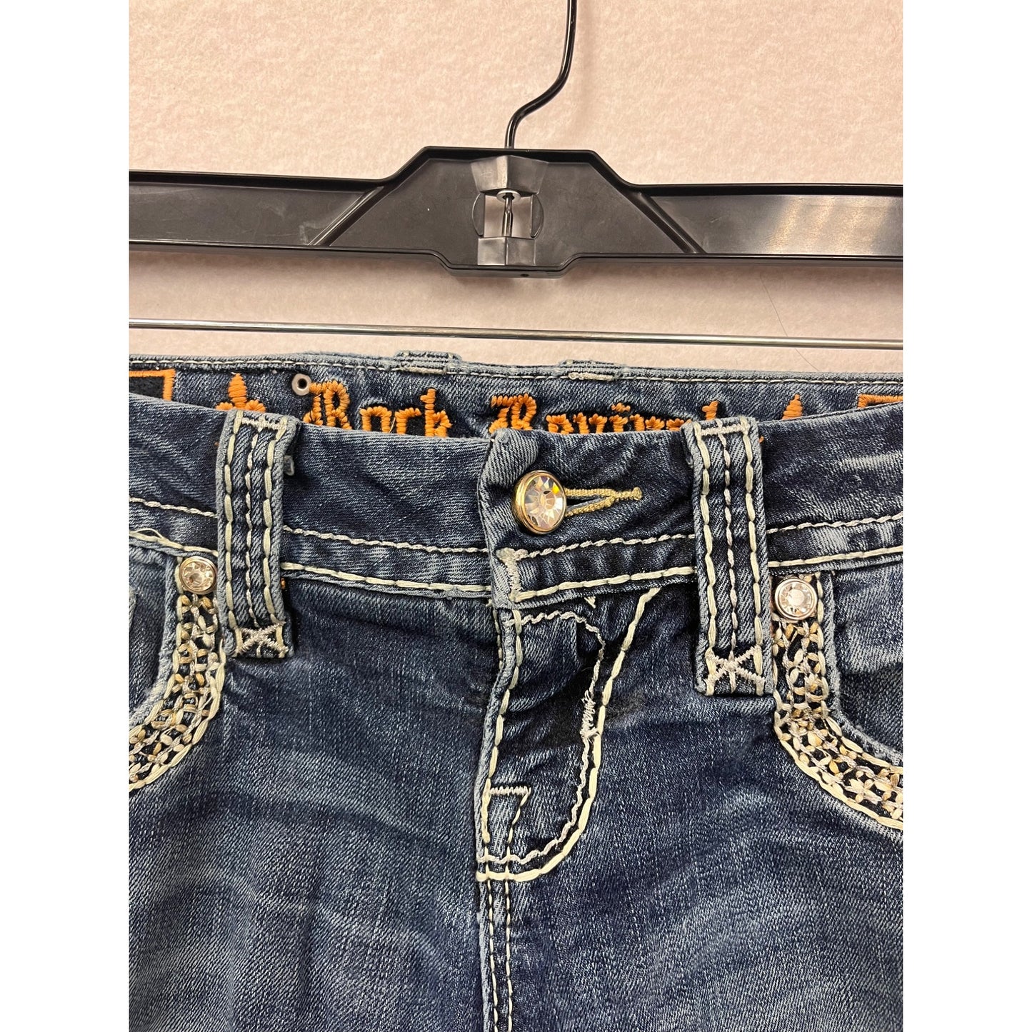 Rock Revival Womens Blue Bootcut Jeans Size 2 With Embellished Pockets & Contrast Stitching #6608