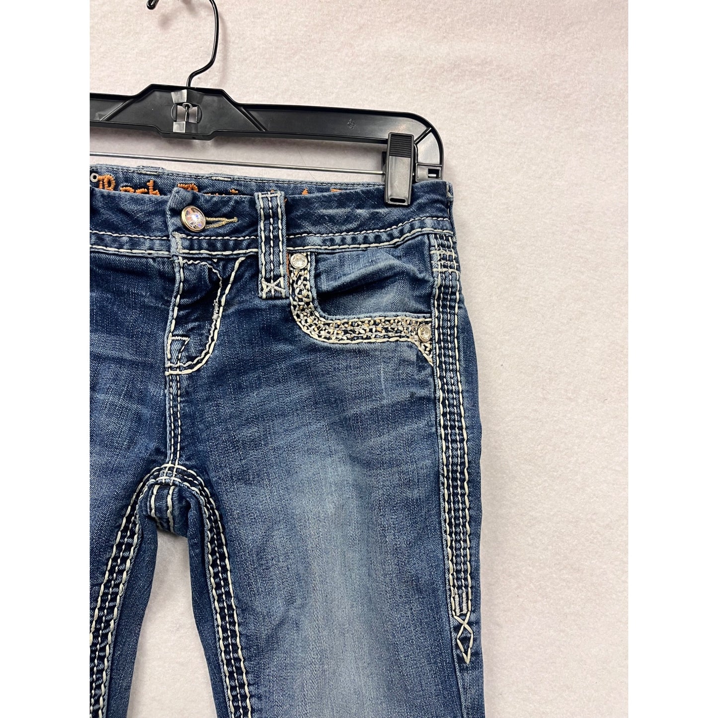Rock Revival Womens Blue Bootcut Jeans Size 2 With Embellished Pockets & Contrast Stitching #6608