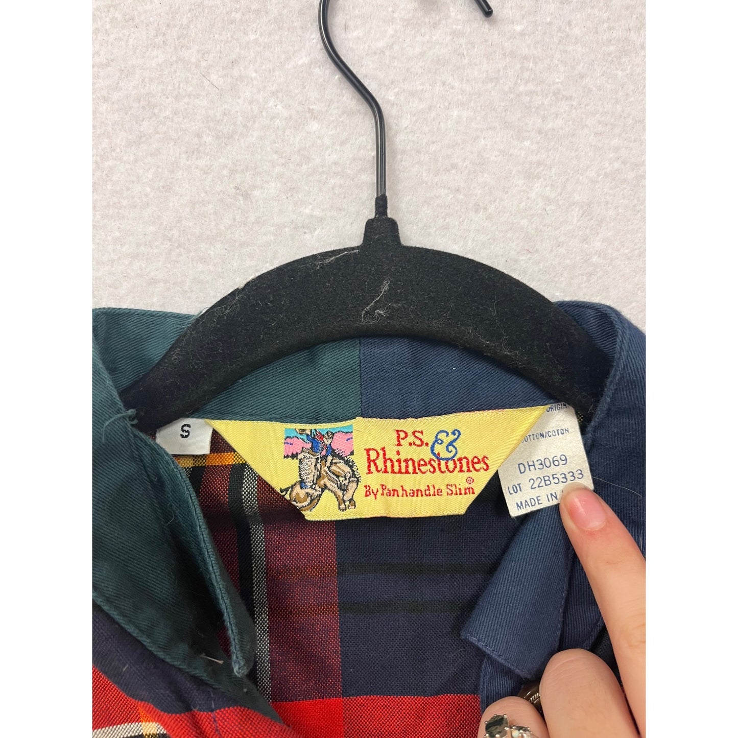 Vintage P.S. Rhinestones Womens Plaid & Solid Button-Up Shirt #28A