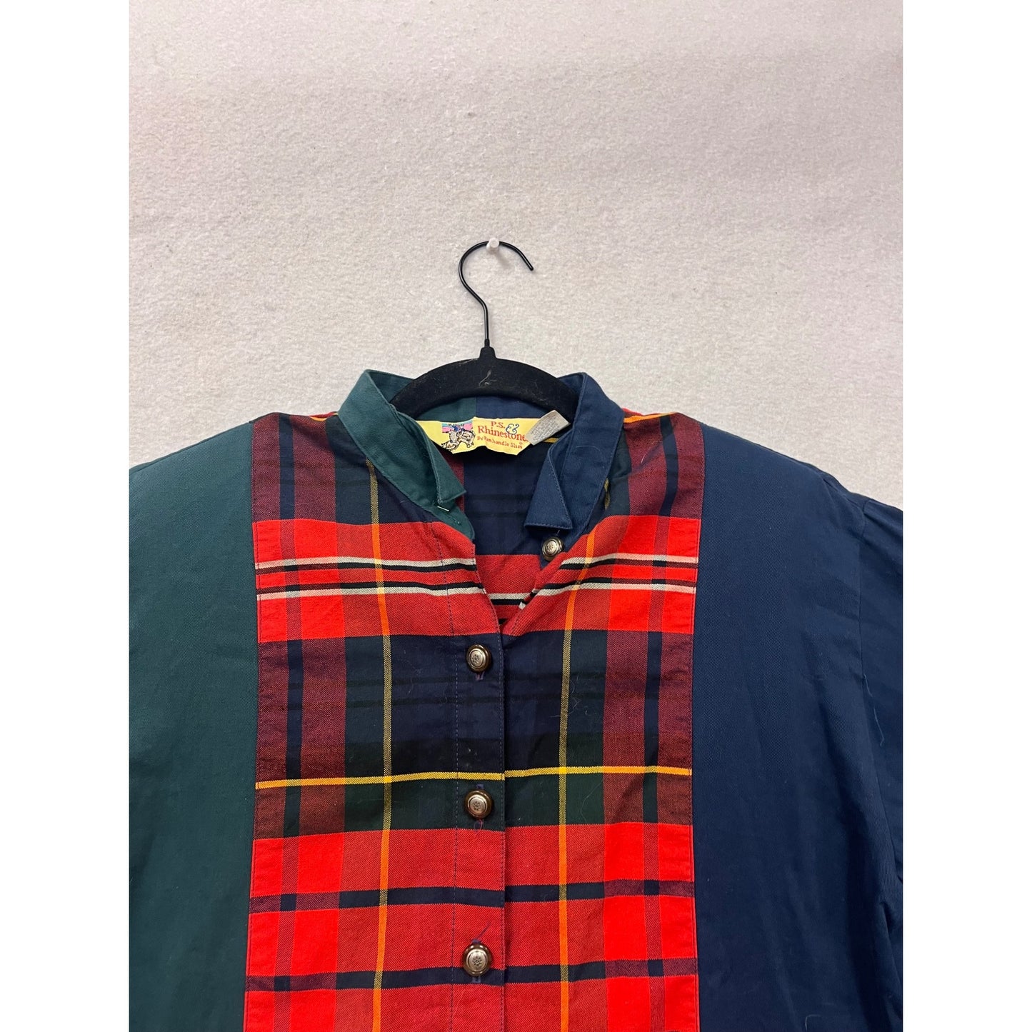 Vintage P.S. Rhinestones Womens Plaid & Solid Button-Up Shirt #28A