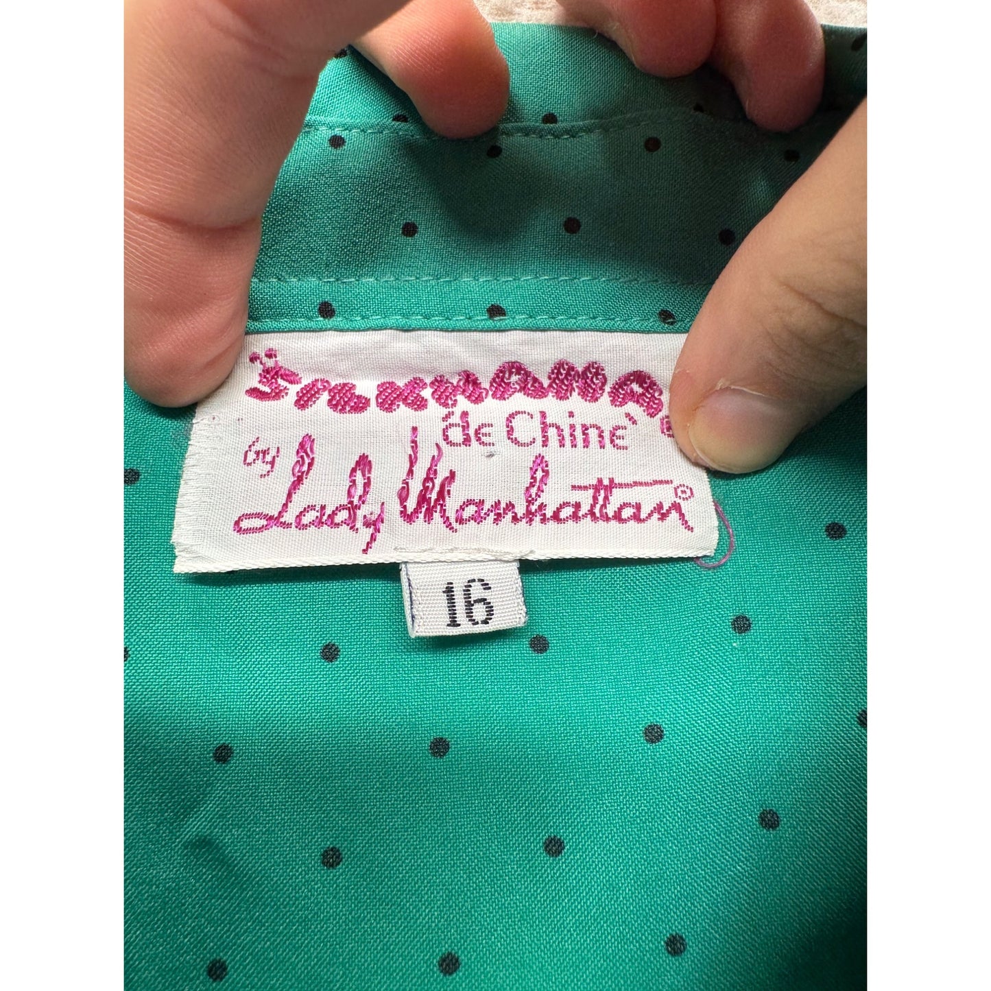 Vintage Lady Manhattan Green Polka Dot Blouse Size 16 Long Sleeve #7976