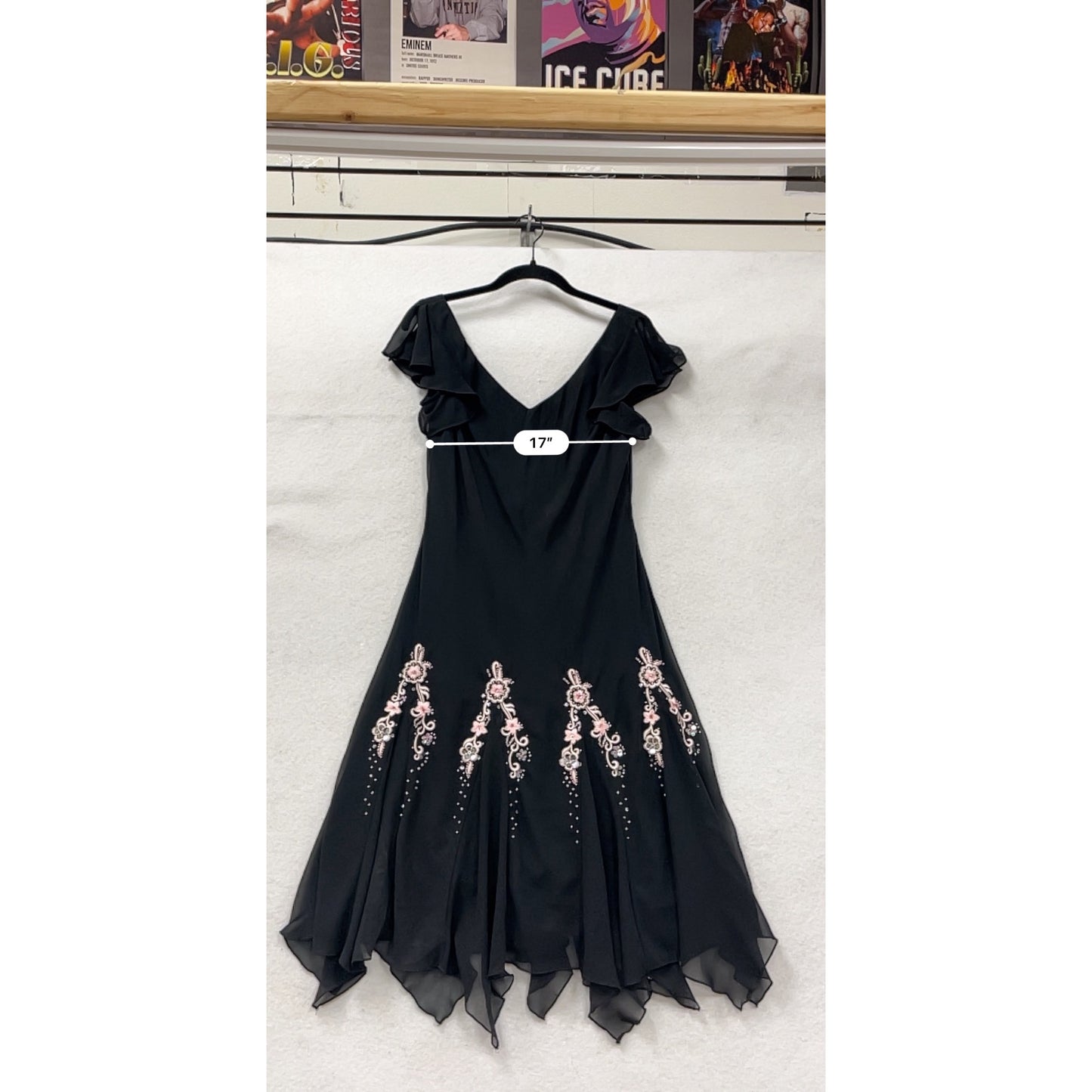 Black Chiffon Handkerchief Hem Dress With Pink Embroidery & Beading By S.L. Fashions Petite M/L #8919