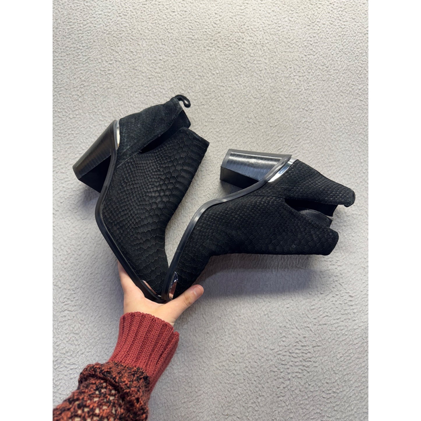 Black Snake Print Square Toe Ankle Boots With Block Heel #344B