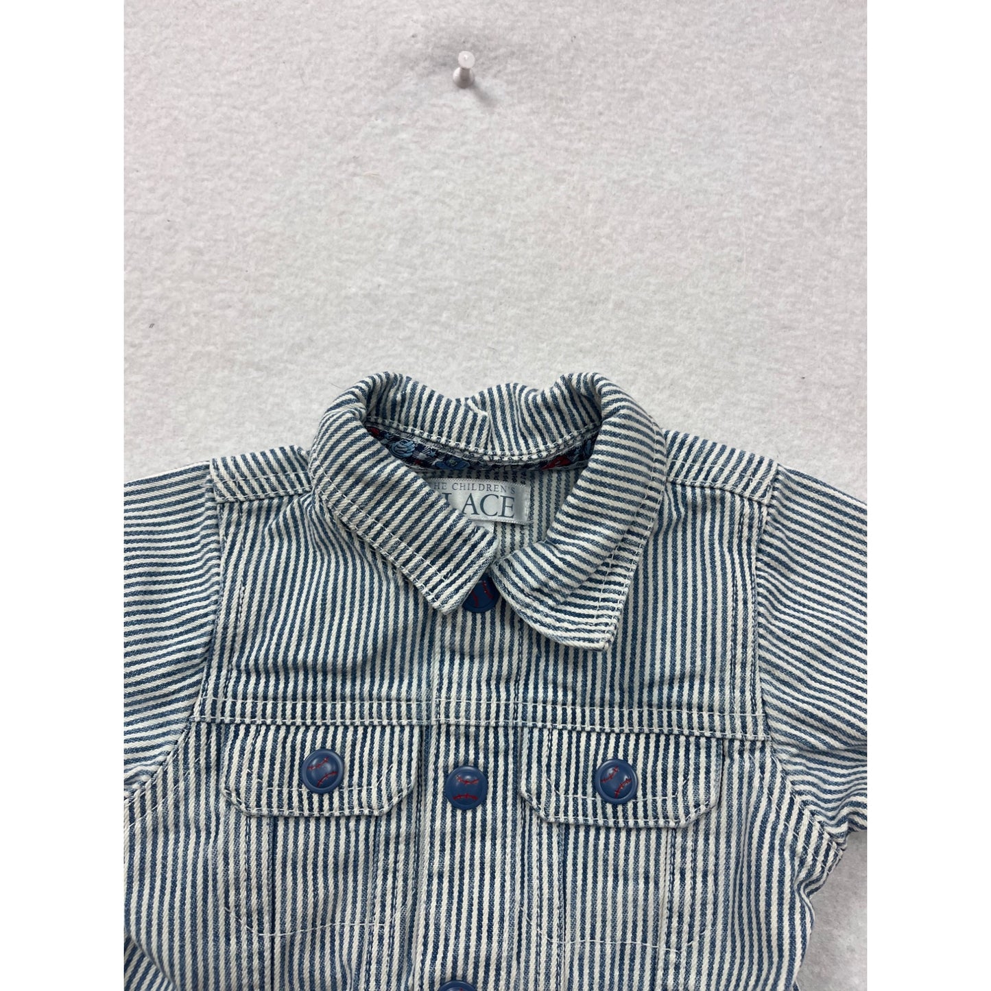 Baby Striped Denim Jacket 0-3M By The Childrens Place With Button-Up Front & Foldable Cuffs #6874
