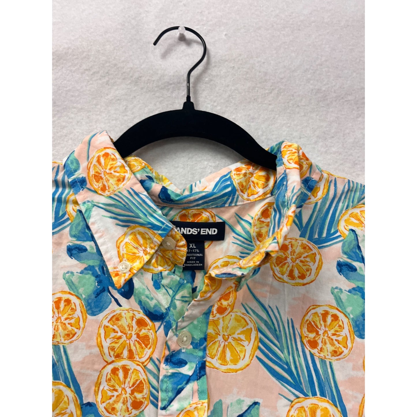 Mens Lands End XL Tropical Citrus Print Short Sleeve Button-Up Shirt #6763
