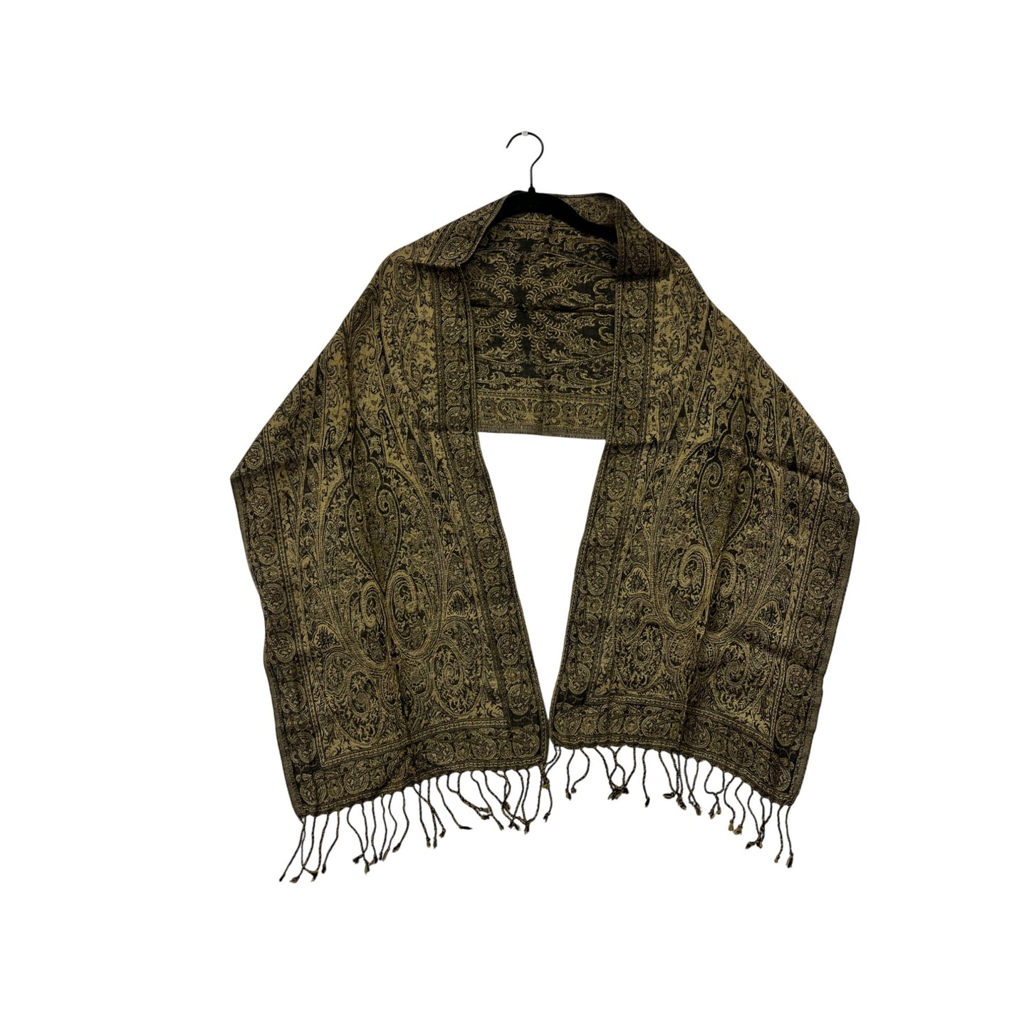 Sacred Threads Gold & Black Paisley Wool Scarf With Fringe #8074