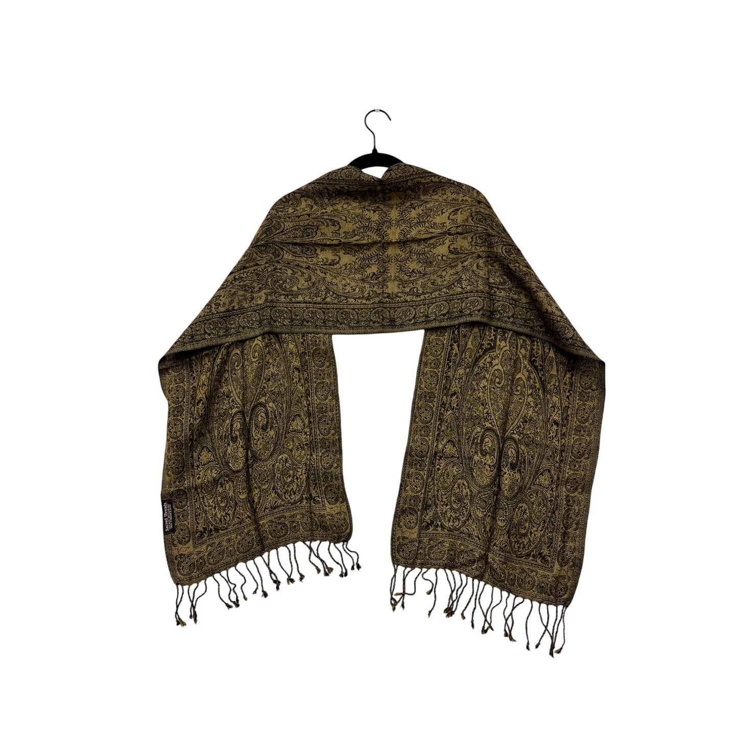 Sacred Threads Gold & Black Paisley Wool Scarf With Fringe #8074